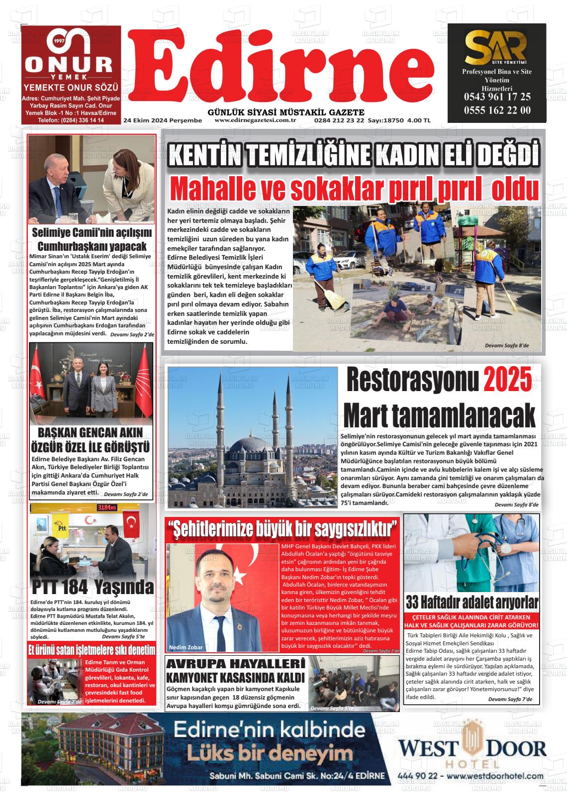 24 Ekim 2024 Edirne Gazete Manşeti