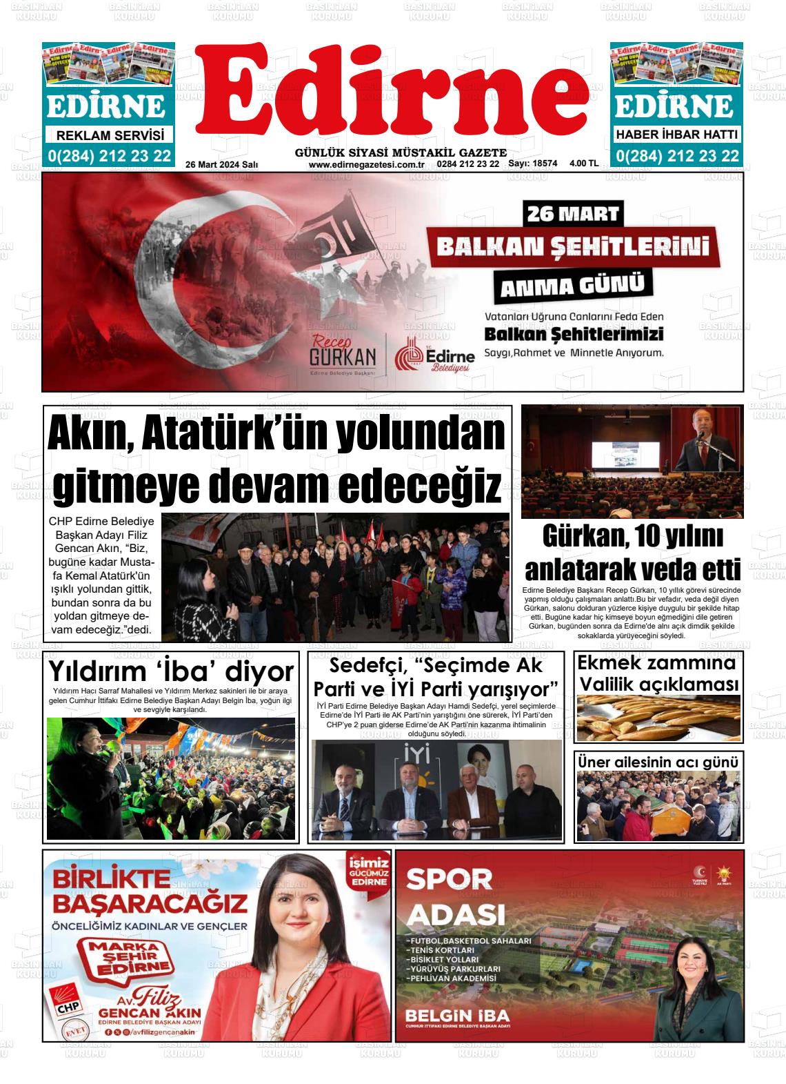 26 Mart 2024 Edirne Gazete Manşeti