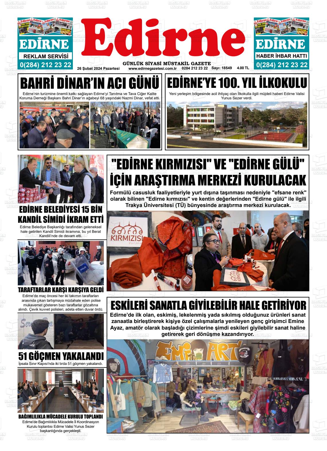 26 Şubat 2024 Edirne Gazete Manşeti