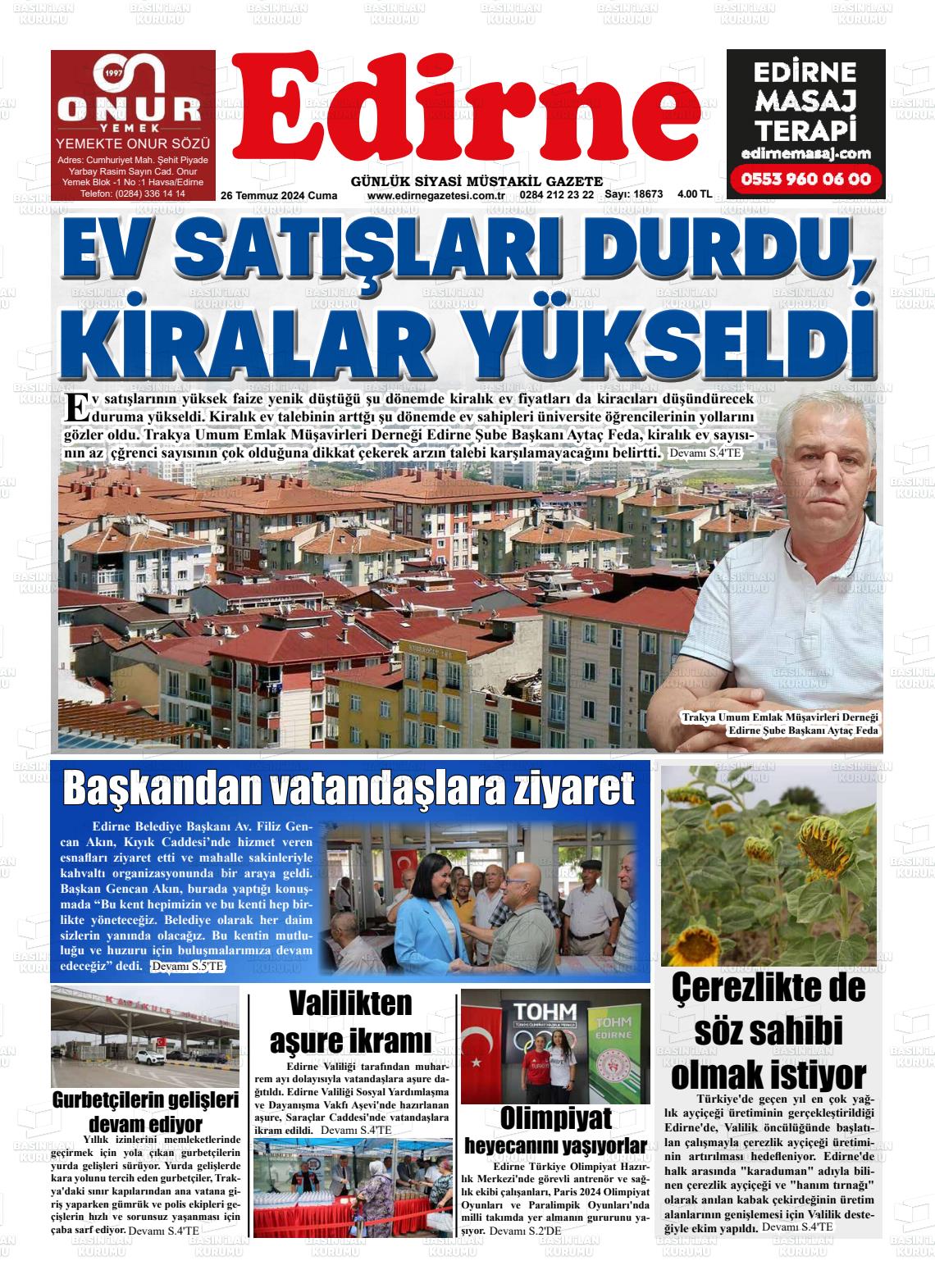 27 Temmuz 2024 Edirne Gazete Manşeti