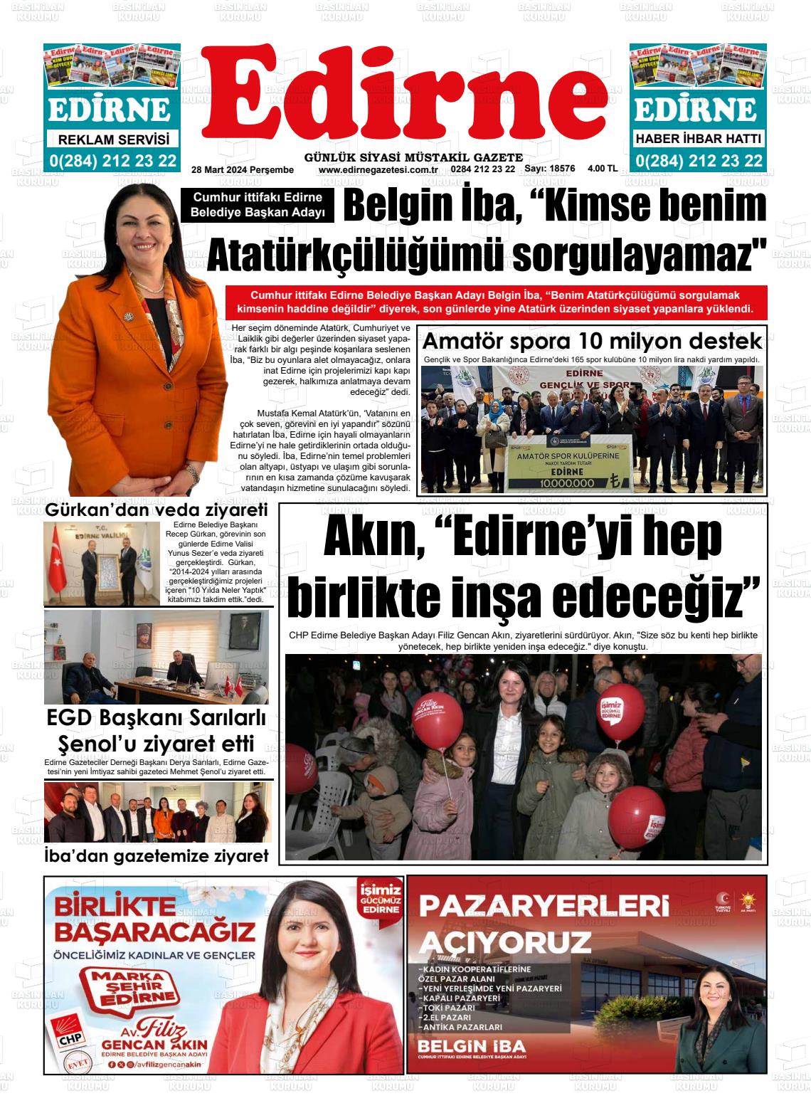 28 Mart 2024 Edirne Gazete Manşeti