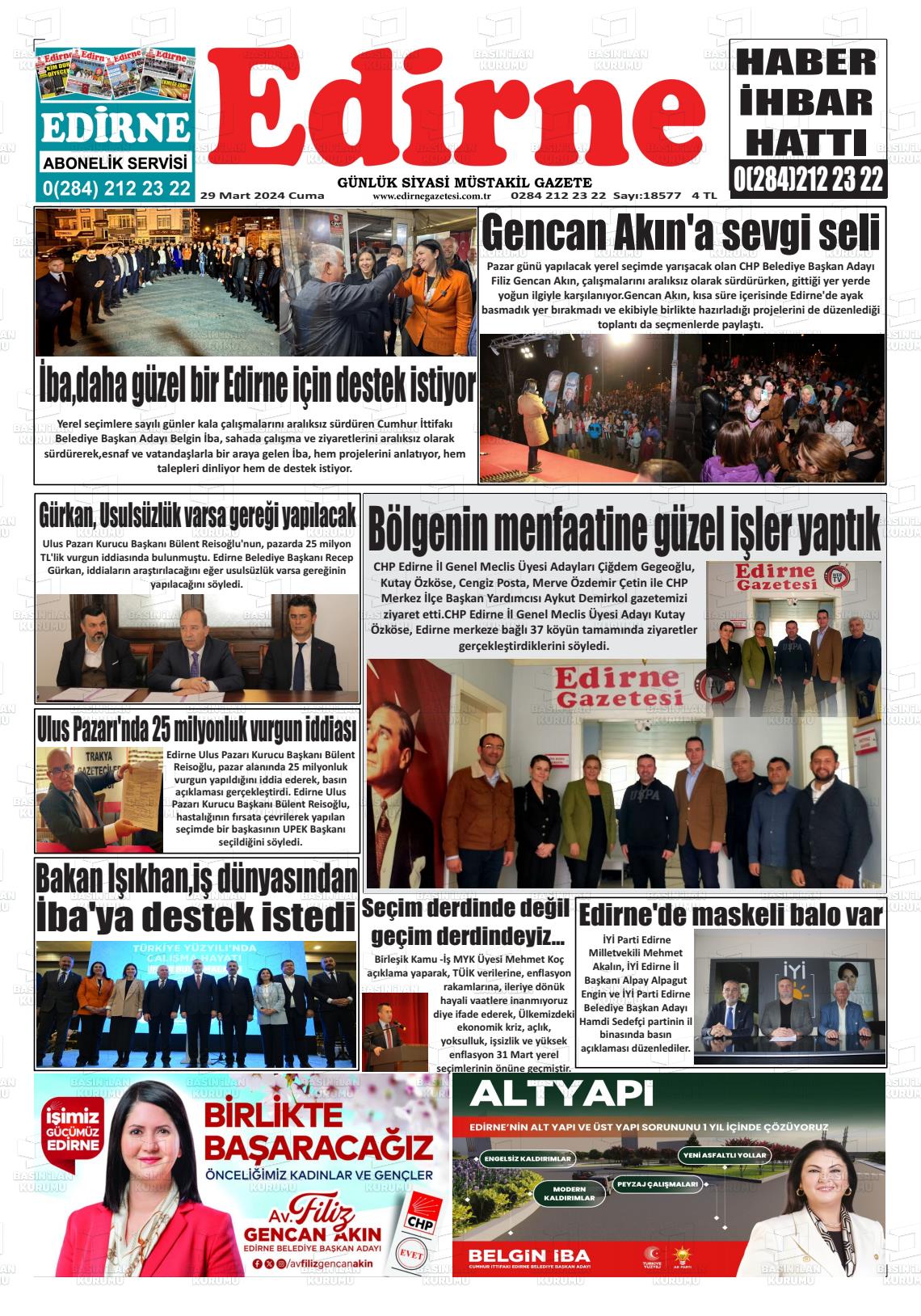 29 Mart 2024 Edirne Gazete Manşeti