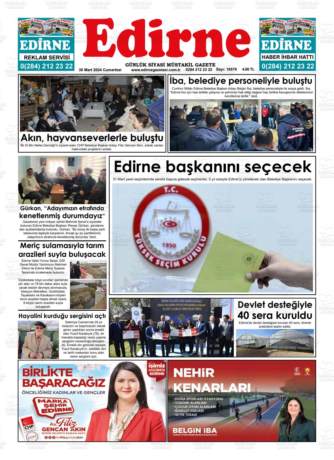 30 Mart 2024 Edirne Gazete Manşeti