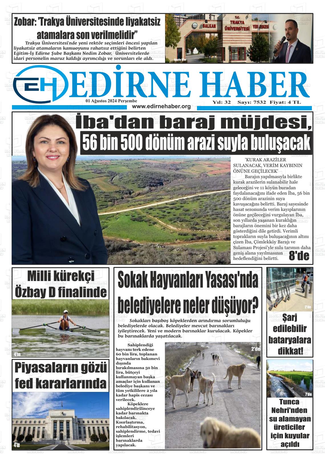 01 Ağustos 2024 edirne haber Gazete Manşeti