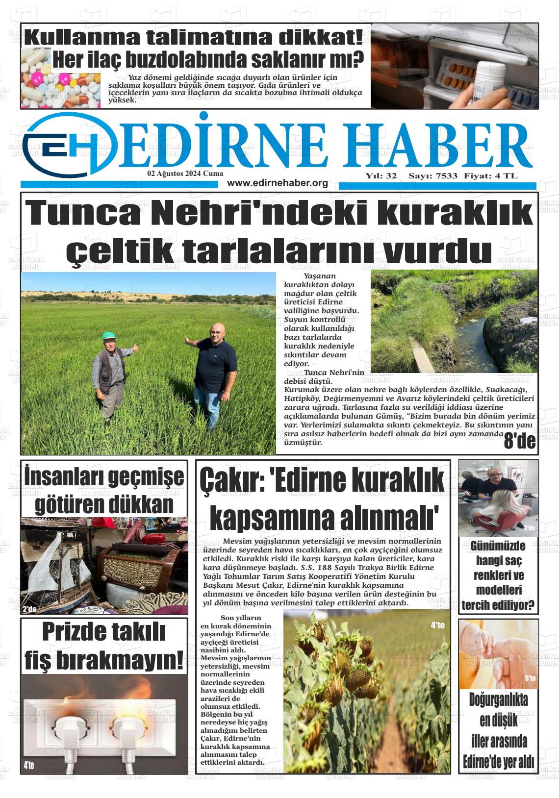 02 Ağustos 2024 edirne haber Gazete Manşeti