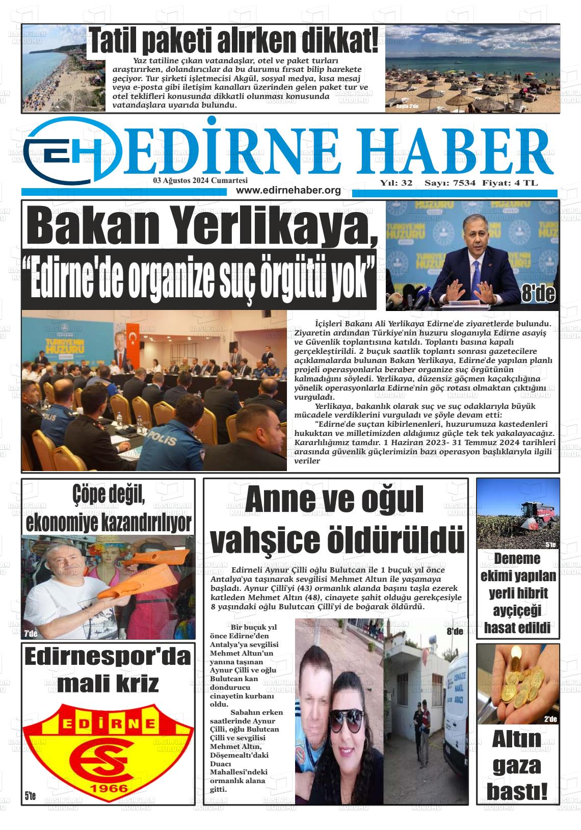 03 Ağustos 2024 edirne haber Gazete Manşeti