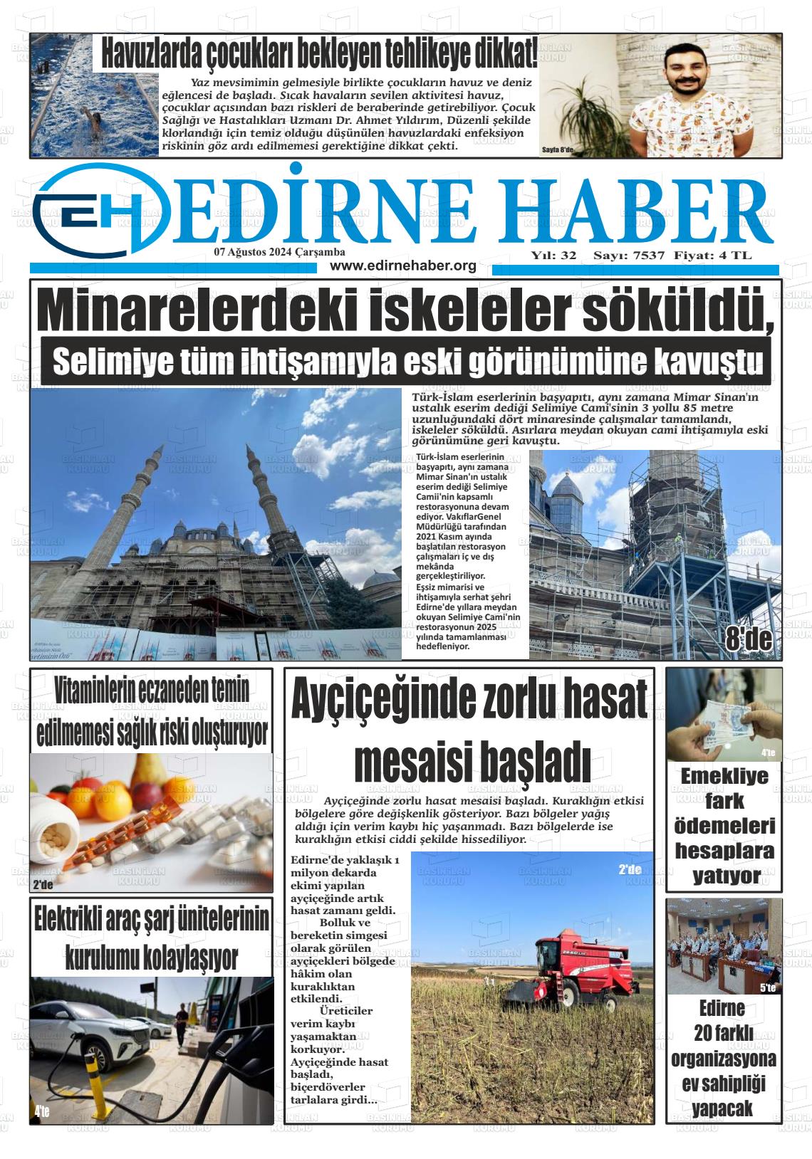 07 Ağustos 2024 edirne haber Gazete Manşeti