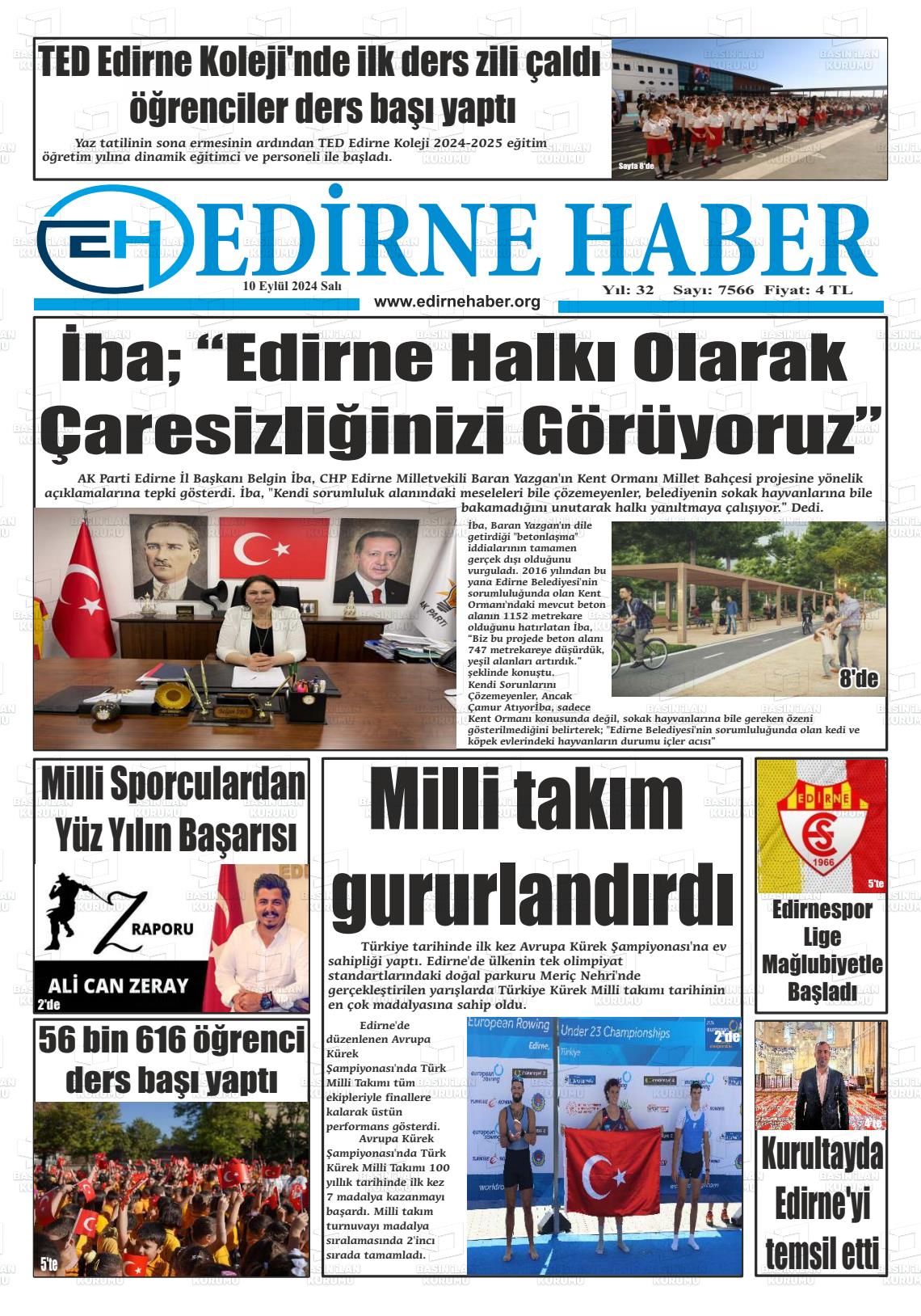 10 Eylül 2024 edirne haber Gazete Manşeti