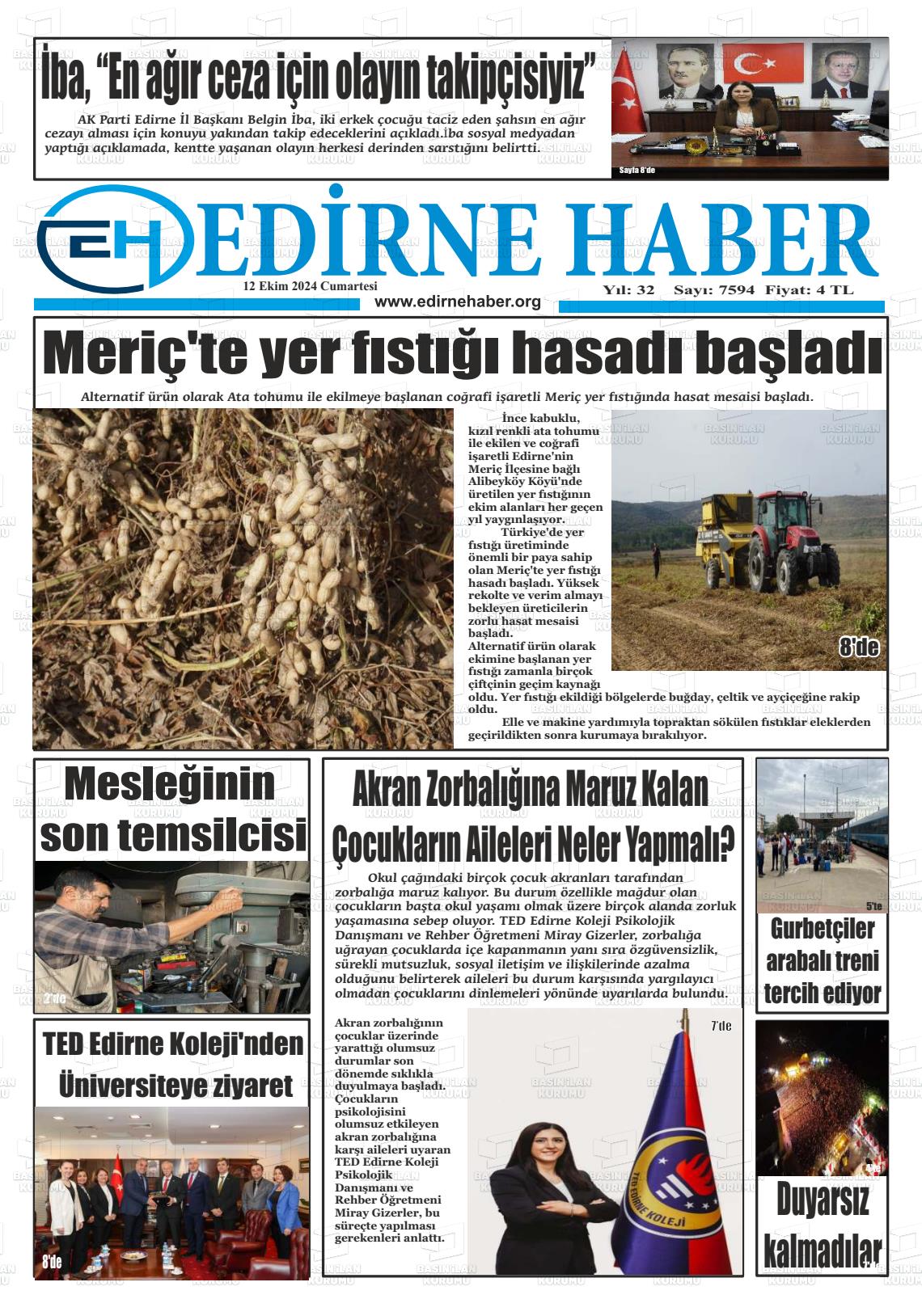 12 Ekim 2024 edirne haber Gazete Manşeti