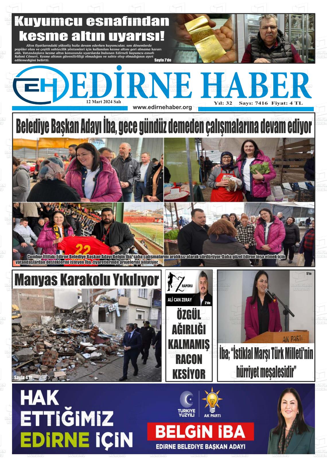 12 Mart 2024 edirne haber Gazete Manşeti