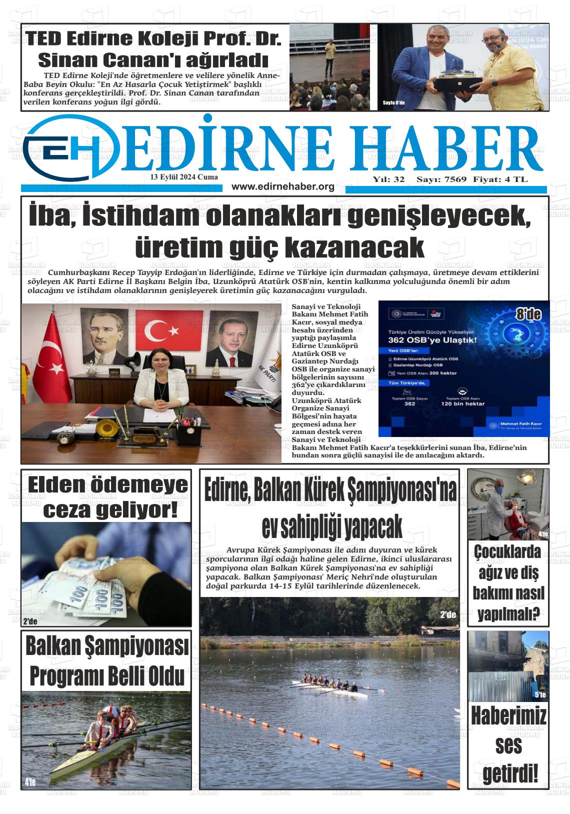 13 Eylül 2024 edirne haber Gazete Manşeti