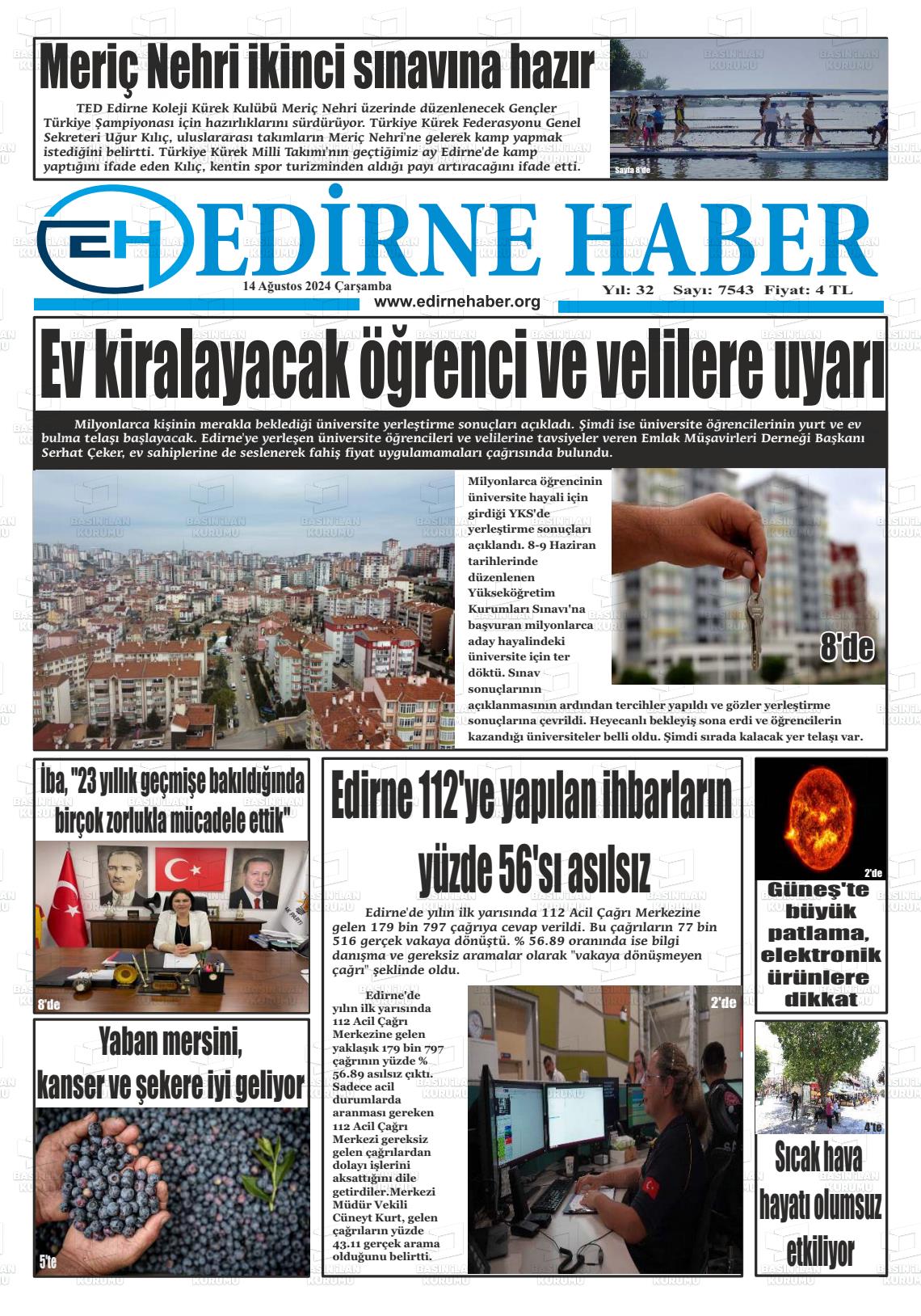 14 Ağustos 2024 edirne haber Gazete Manşeti