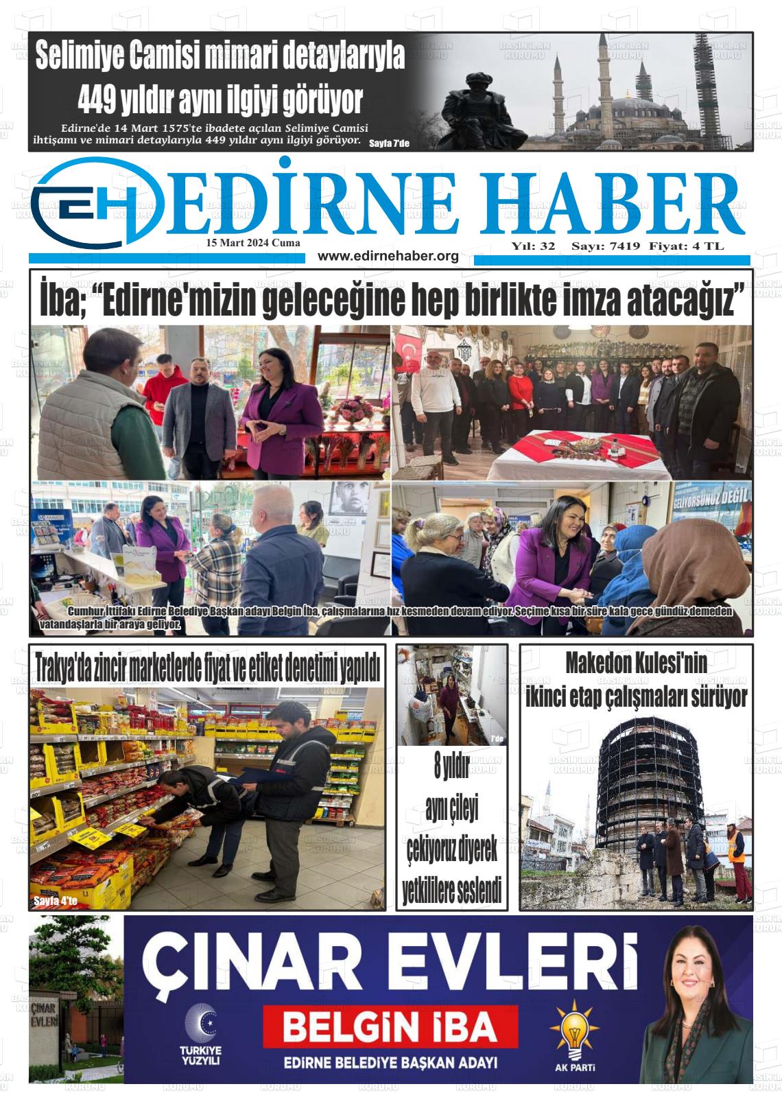 15 Mart 2024 edirne haber Gazete Manşeti