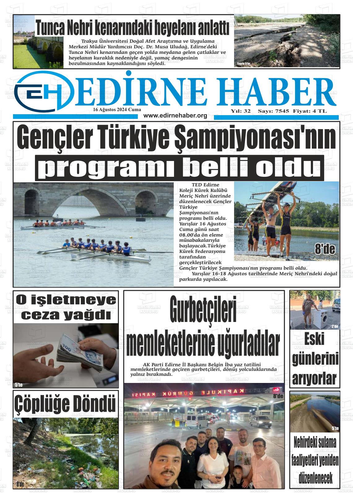 16 Ağustos 2024 edirne haber Gazete Manşeti