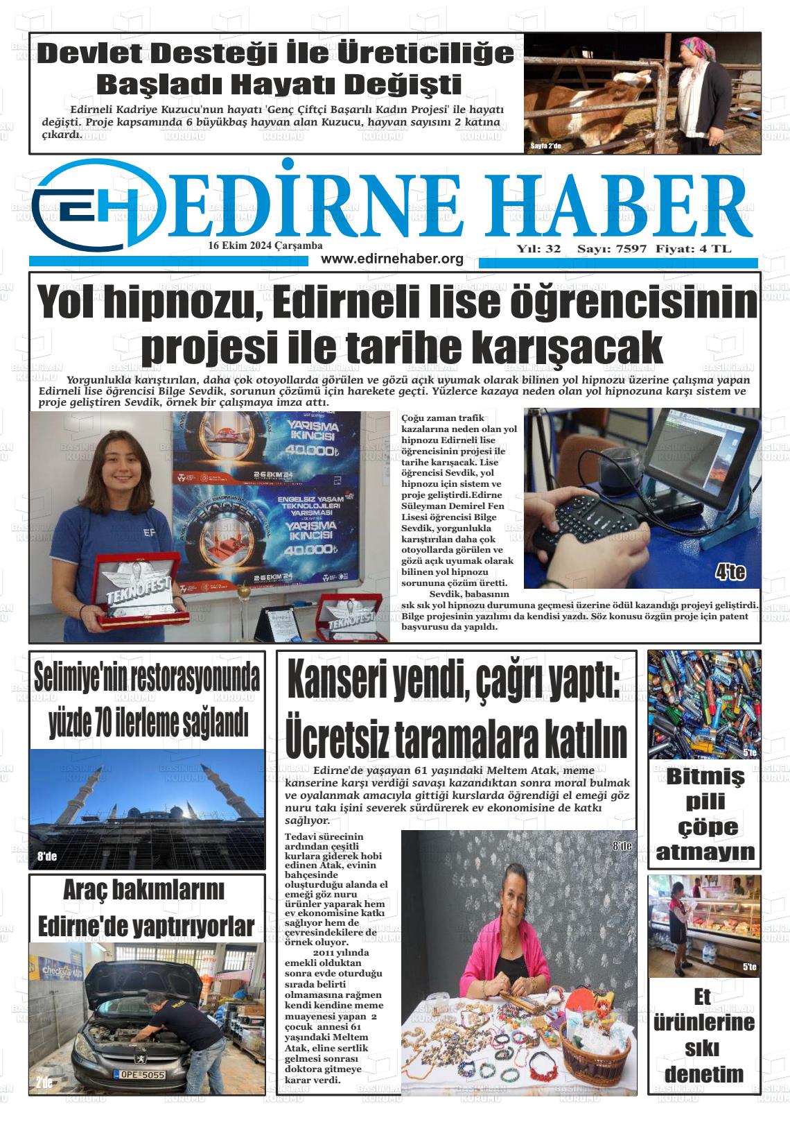 16 Ekim 2024 edirne haber Gazete Manşeti