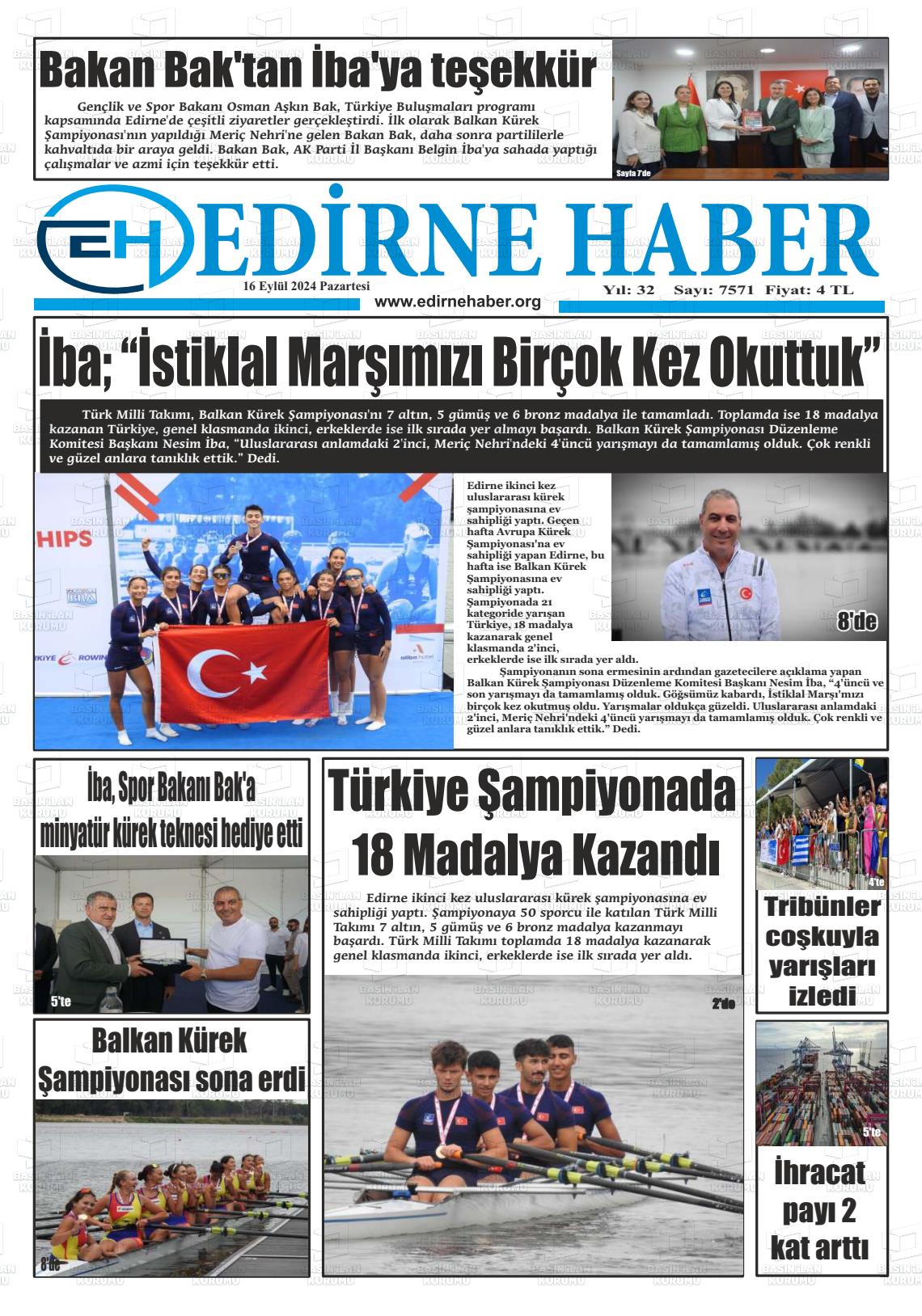 16 Eylül 2024 edirne haber Gazete Manşeti