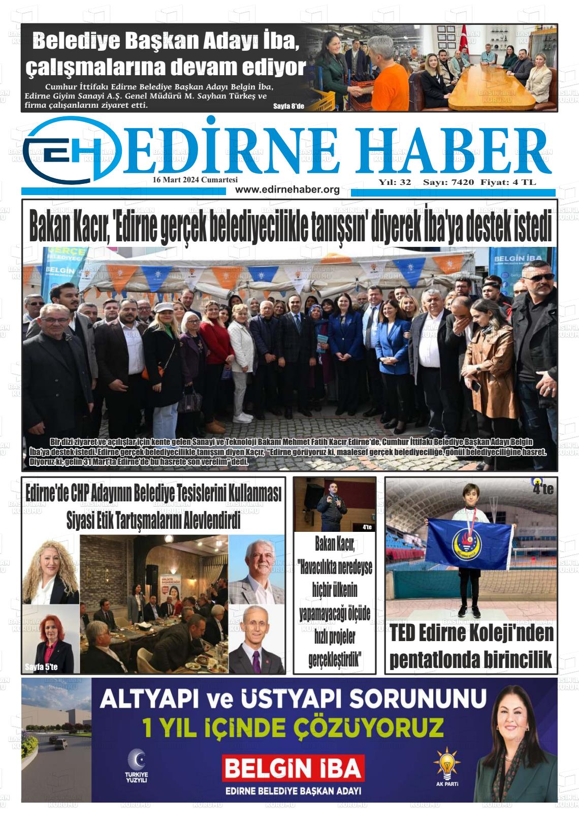 16 Mart 2024 edirne haber Gazete Manşeti