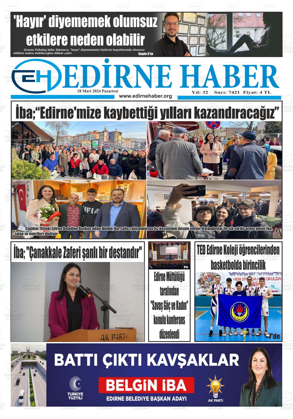 18 Mart 2024 edirne haber Gazete Manşeti