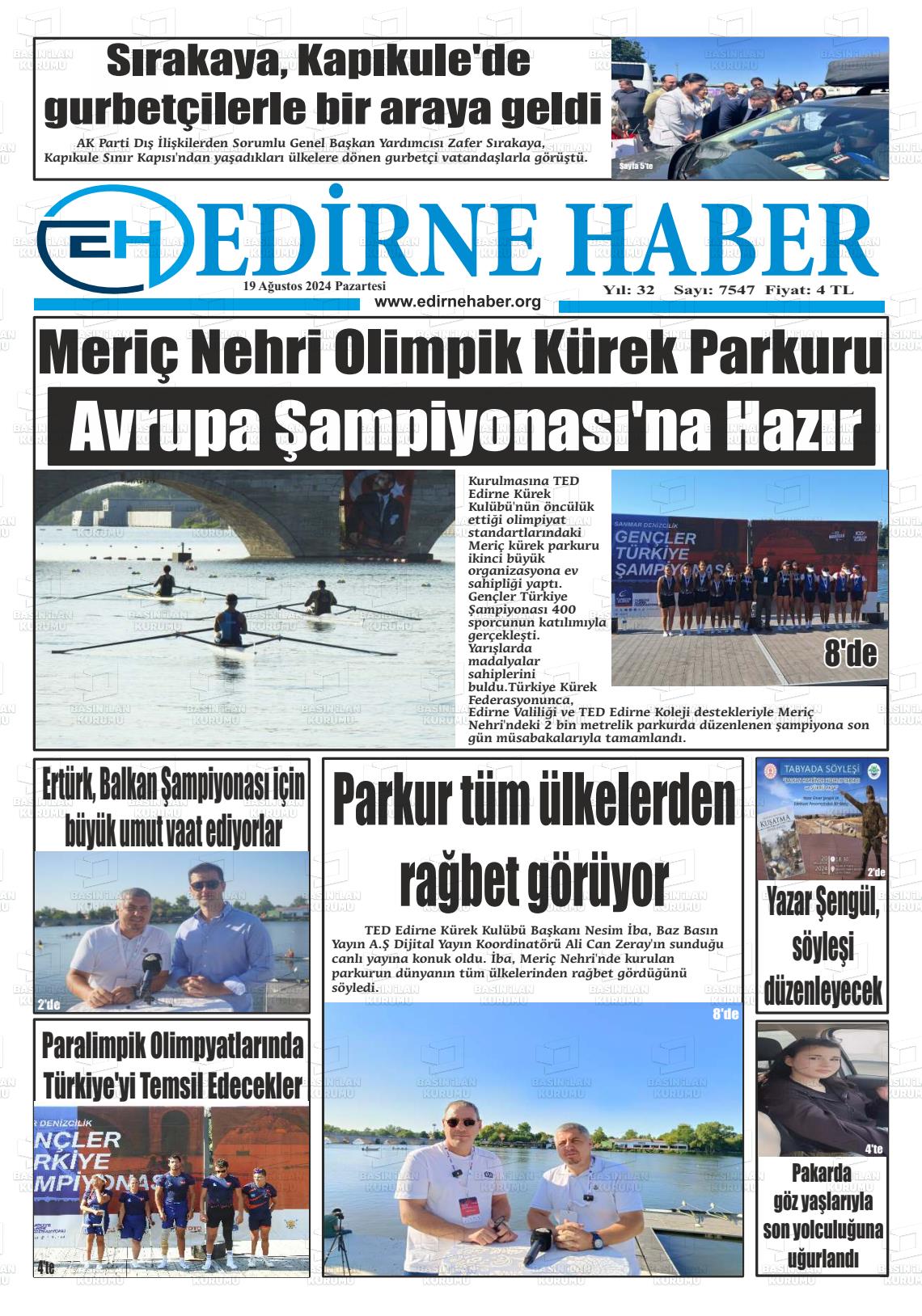 19 Ağustos 2024 edirne haber Gazete Manşeti