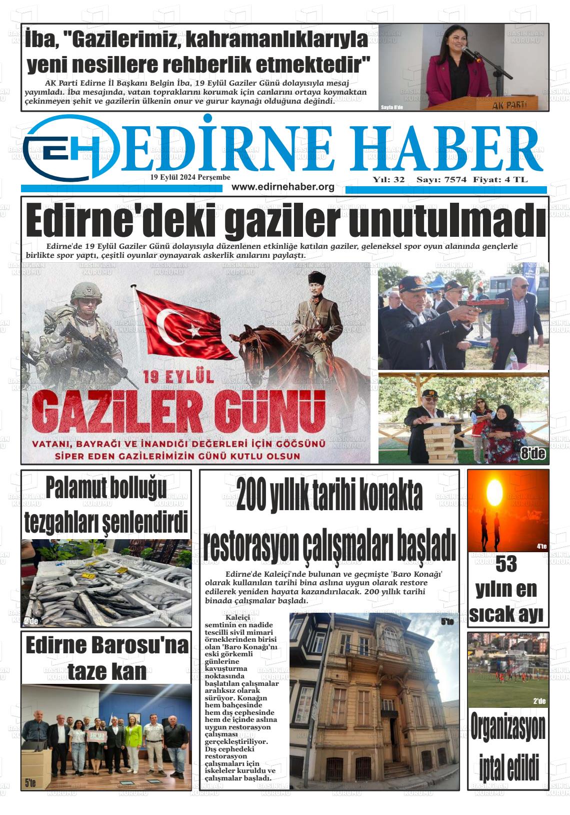 19 Eylül 2024 edirne haber Gazete Manşeti