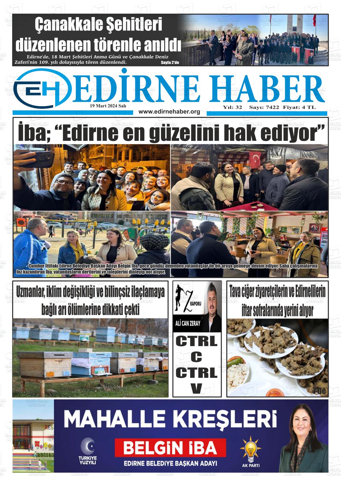 19 Mart 2024 edirne haber Gazete Manşeti