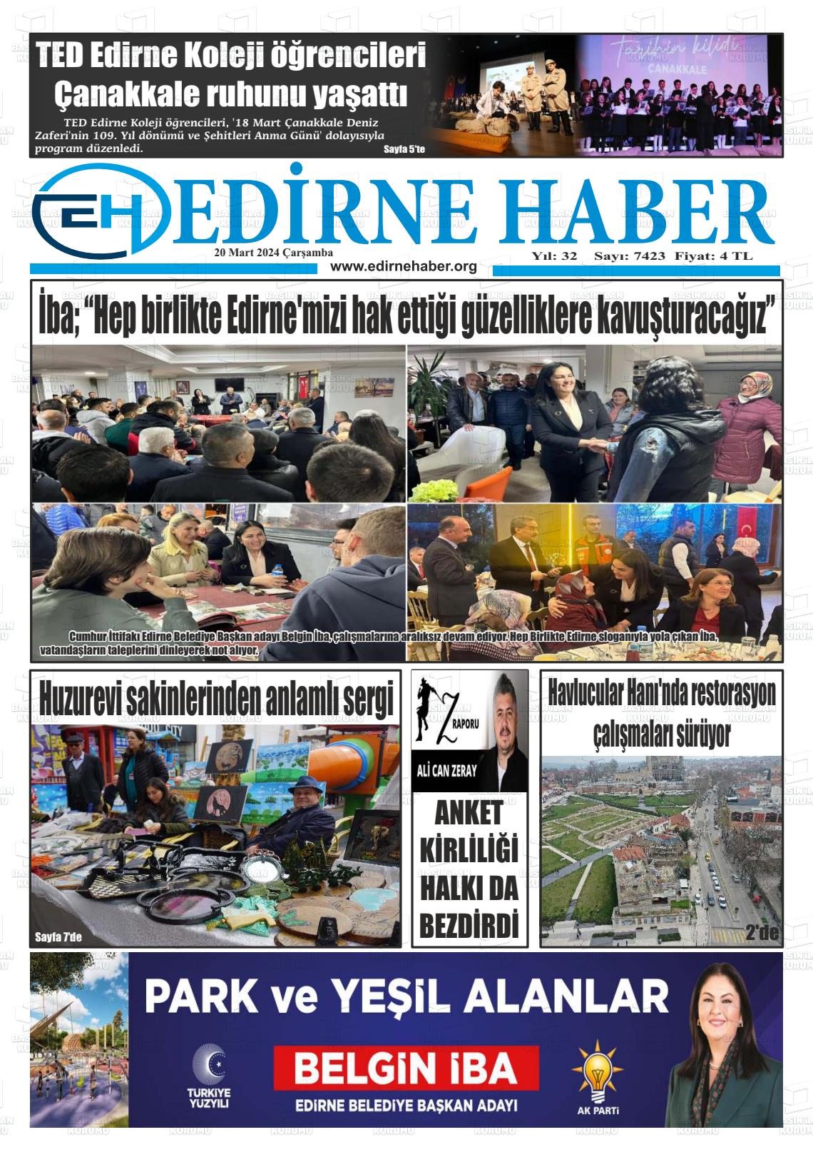 20 Mart 2024 edirne haber Gazete Manşeti