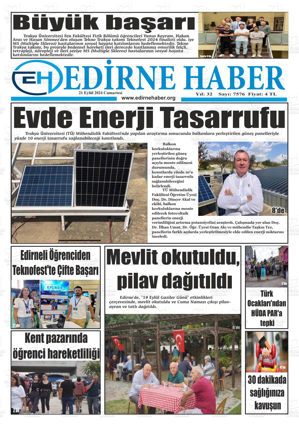 21 Eylül 2024 edirne haber Gazete Manşeti