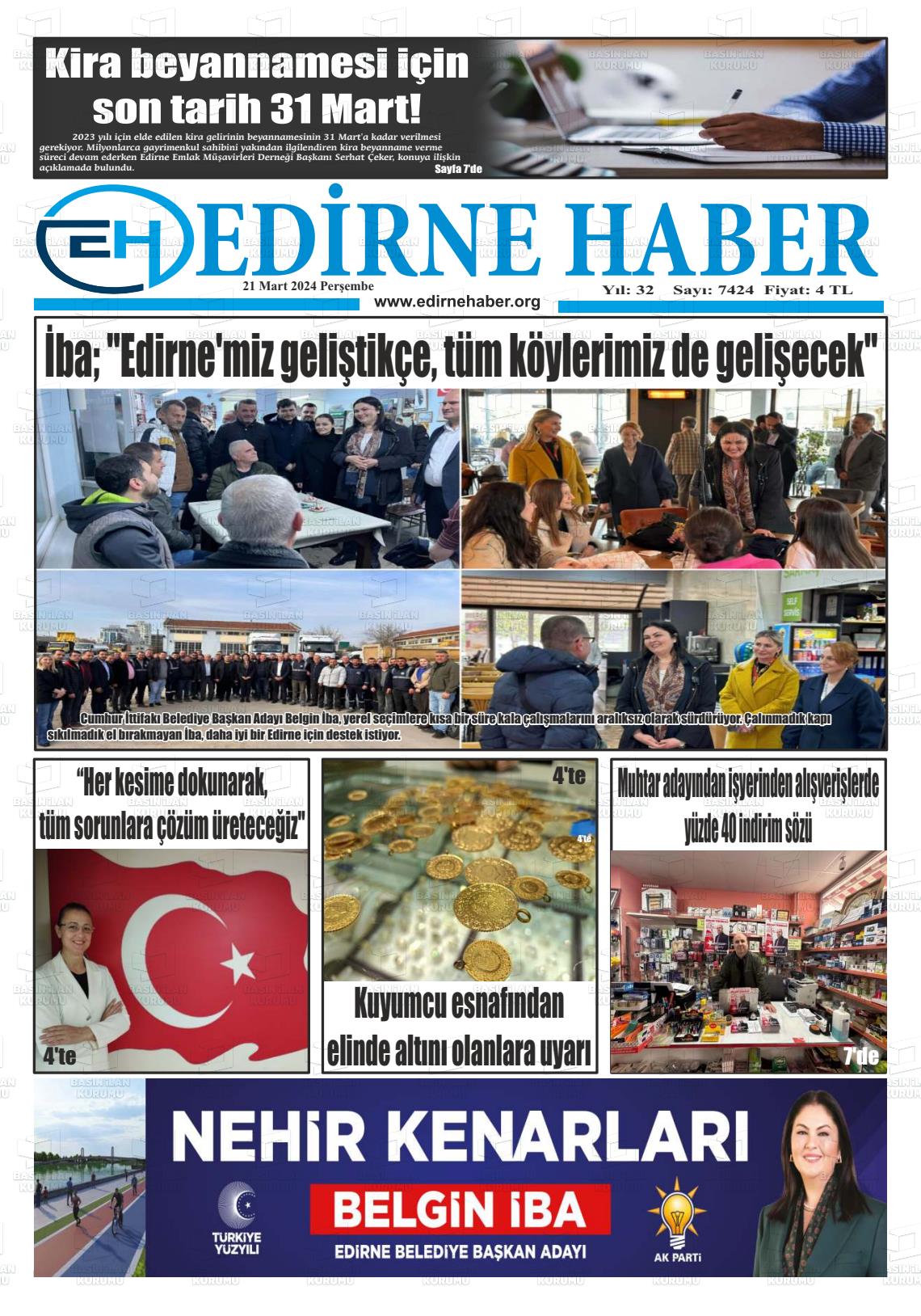 21 Mart 2024 edirne haber Gazete Manşeti