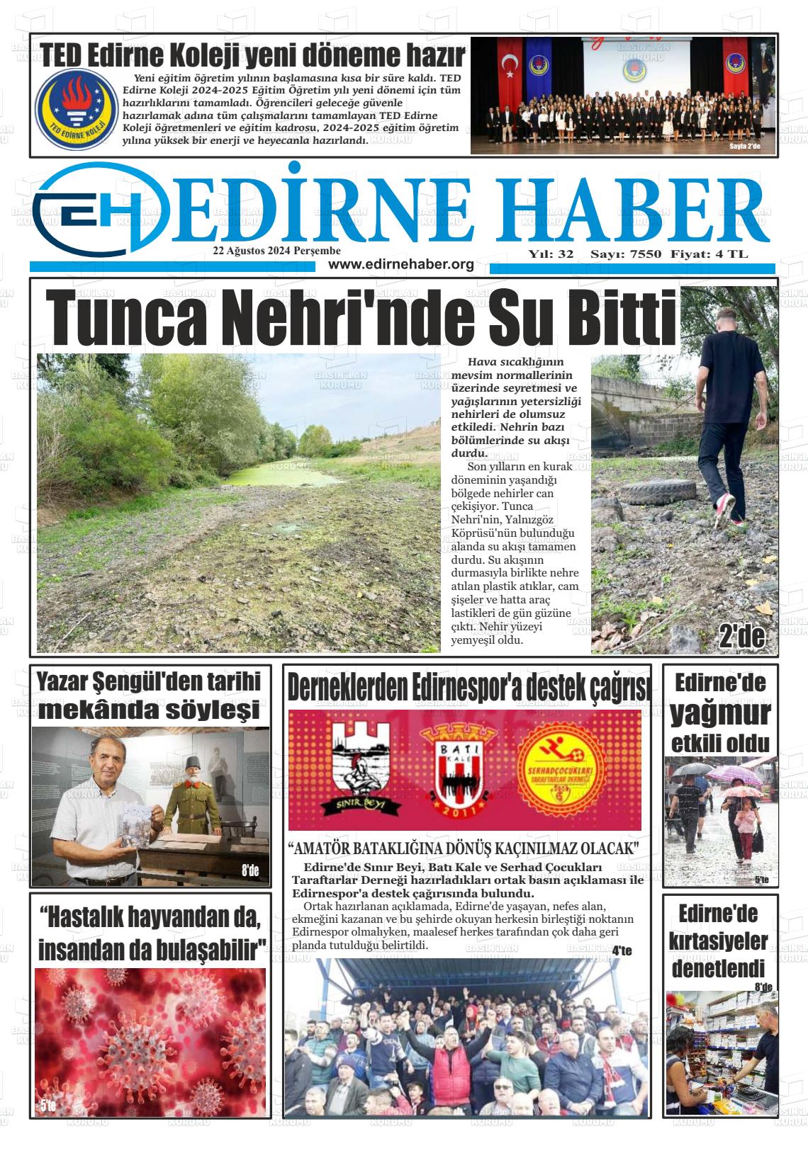 22 Ağustos 2024 edirne haber Gazete Manşeti