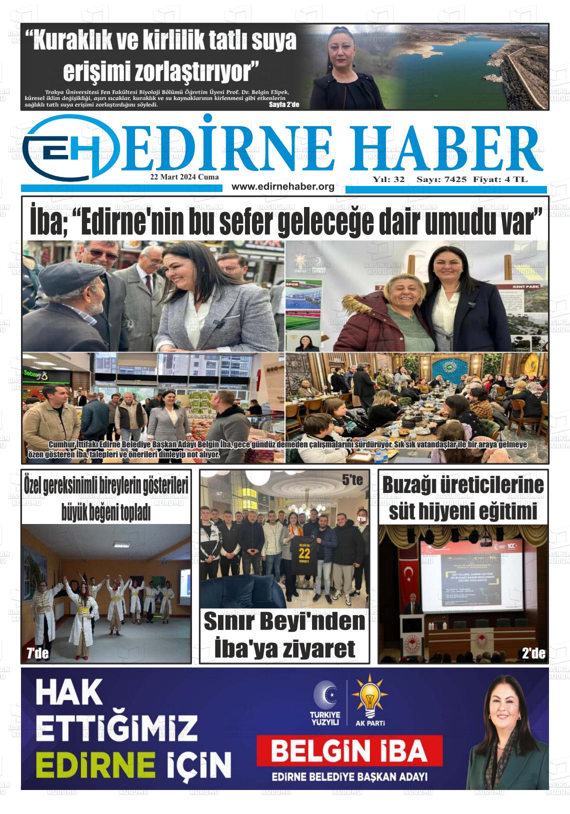 22 Mart 2024 edirne haber Gazete Manşeti