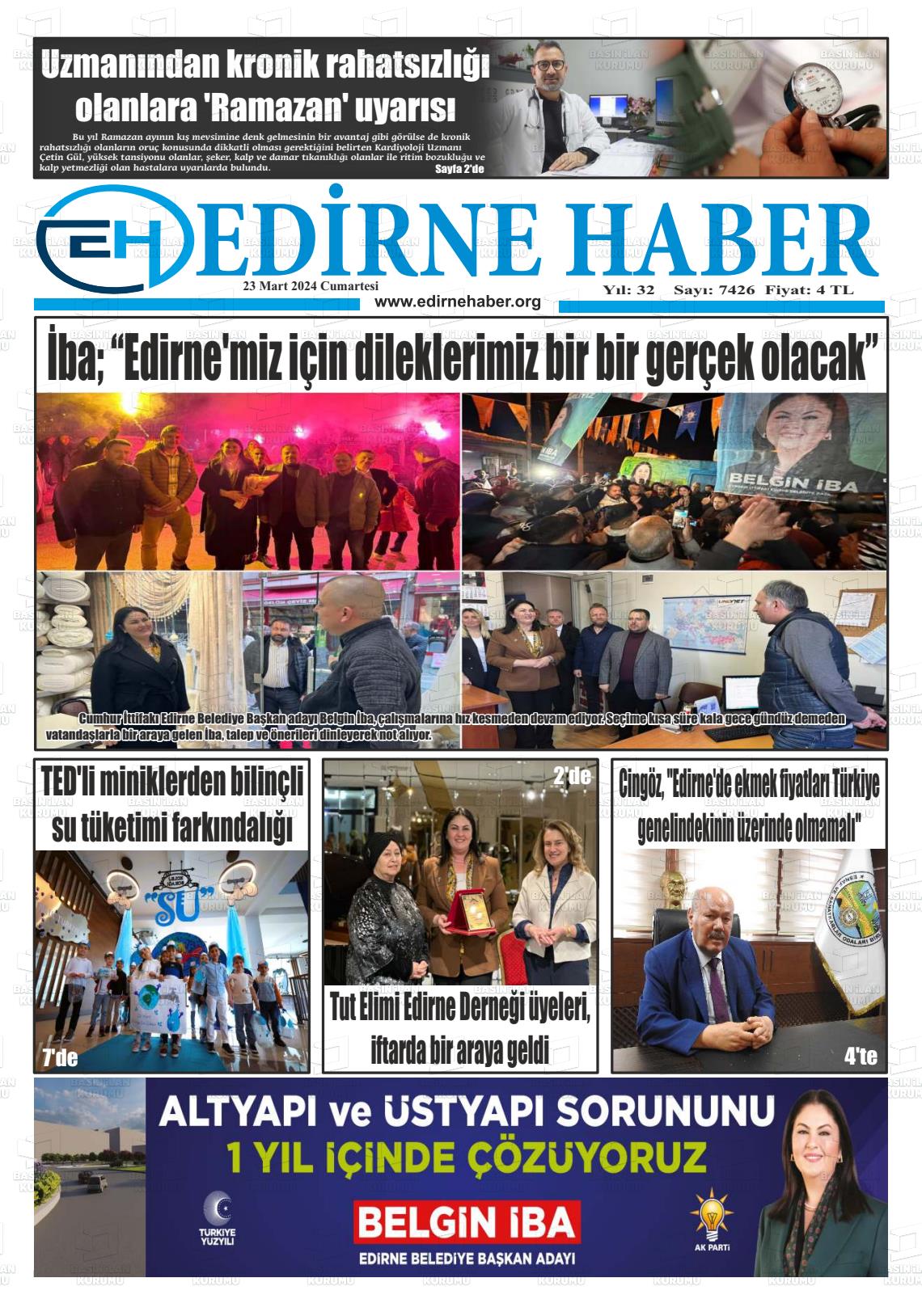 23 Mart 2024 edirne haber Gazete Manşeti