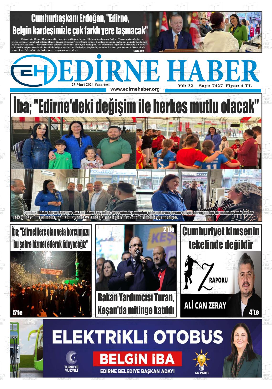 25 Mart 2024 edirne haber Gazete Manşeti