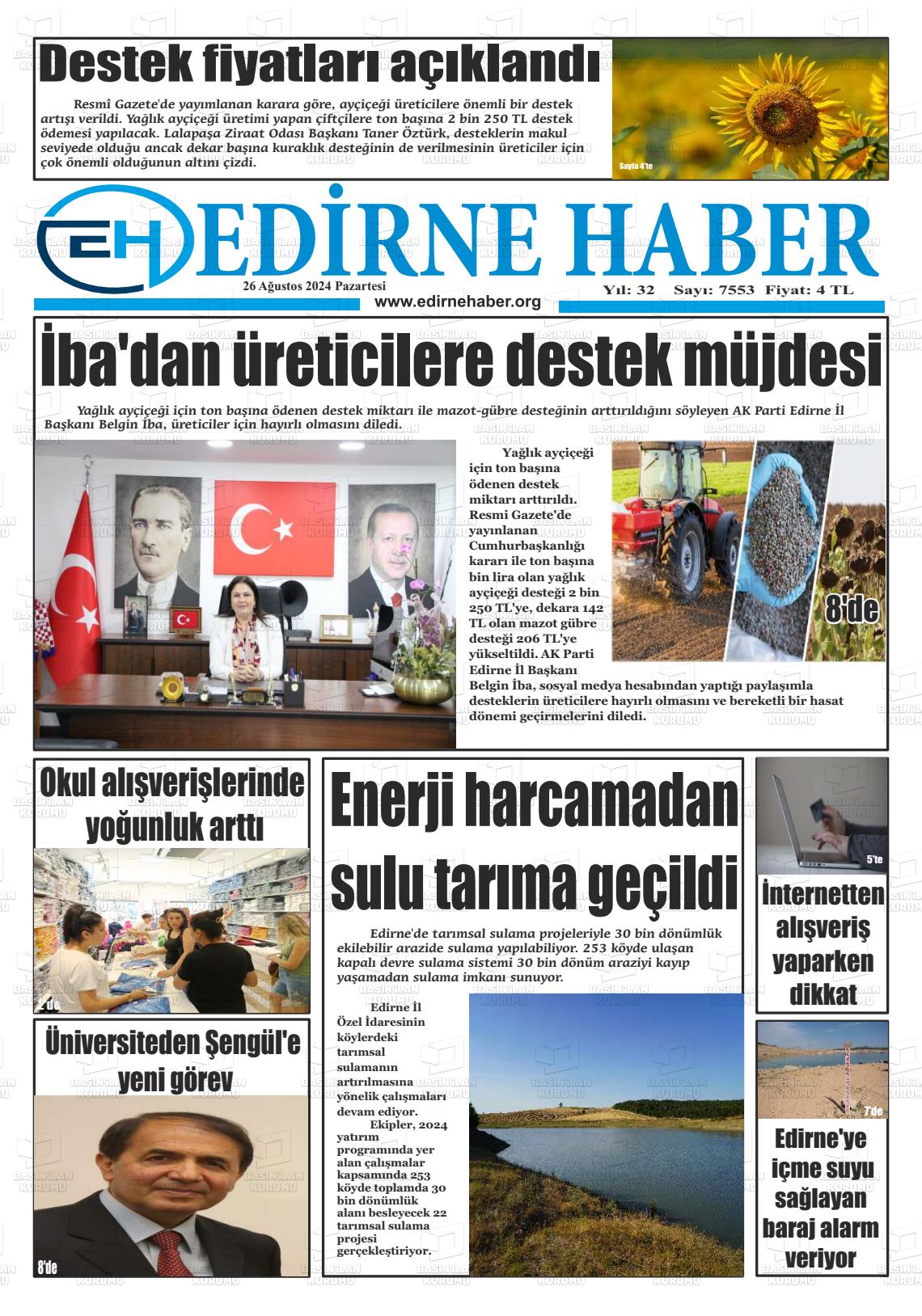 26 Ağustos 2024 edirne haber Gazete Manşeti