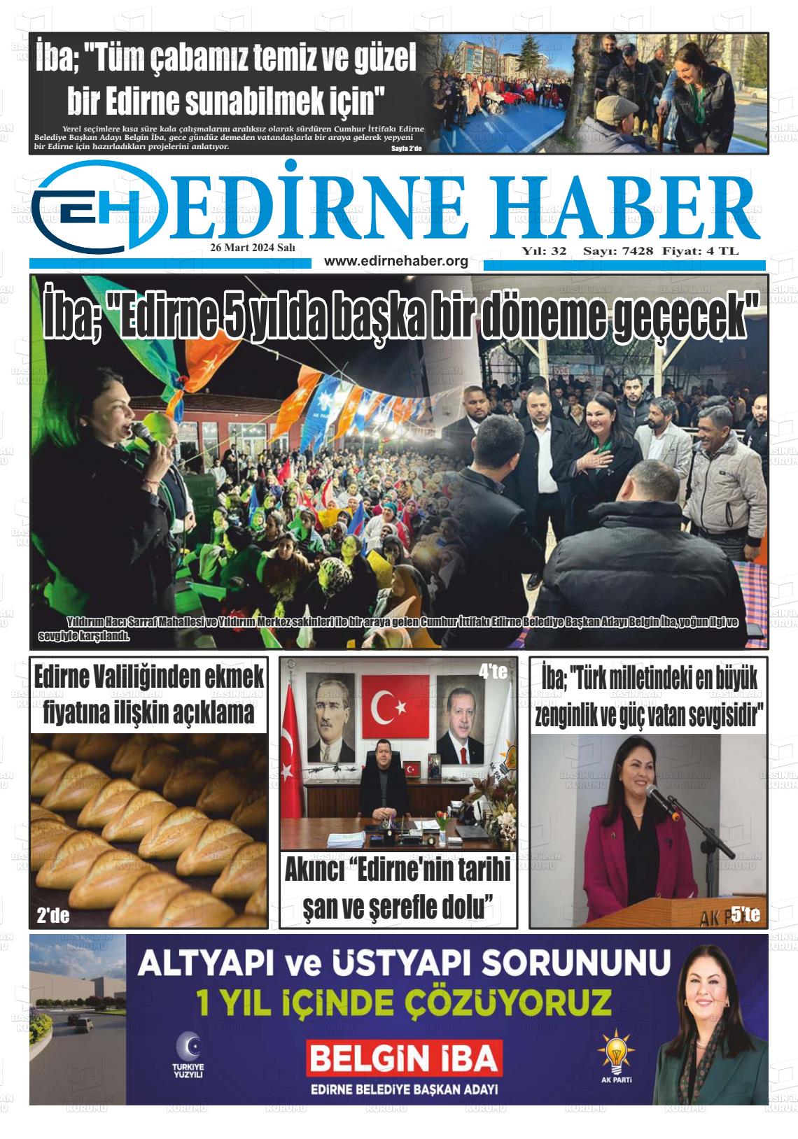 26 Mart 2024 edirne haber Gazete Manşeti