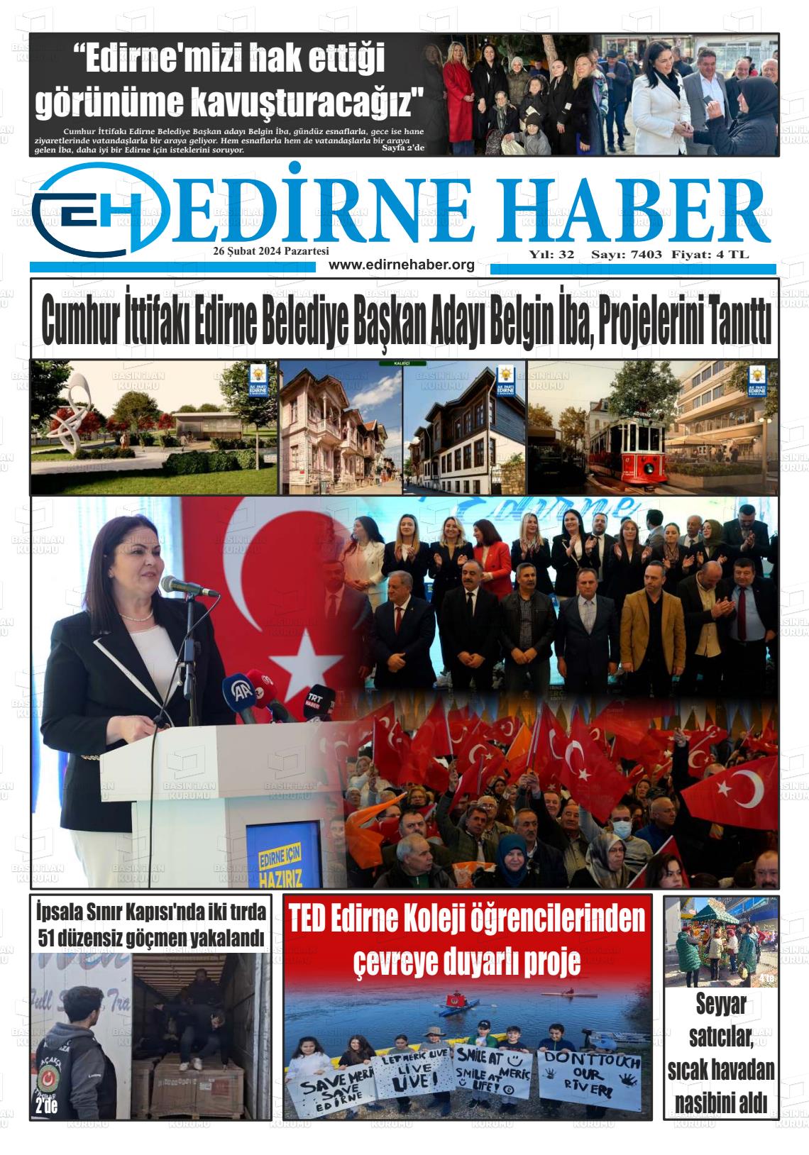 26 Şubat 2024 edirne haber Gazete Manşeti