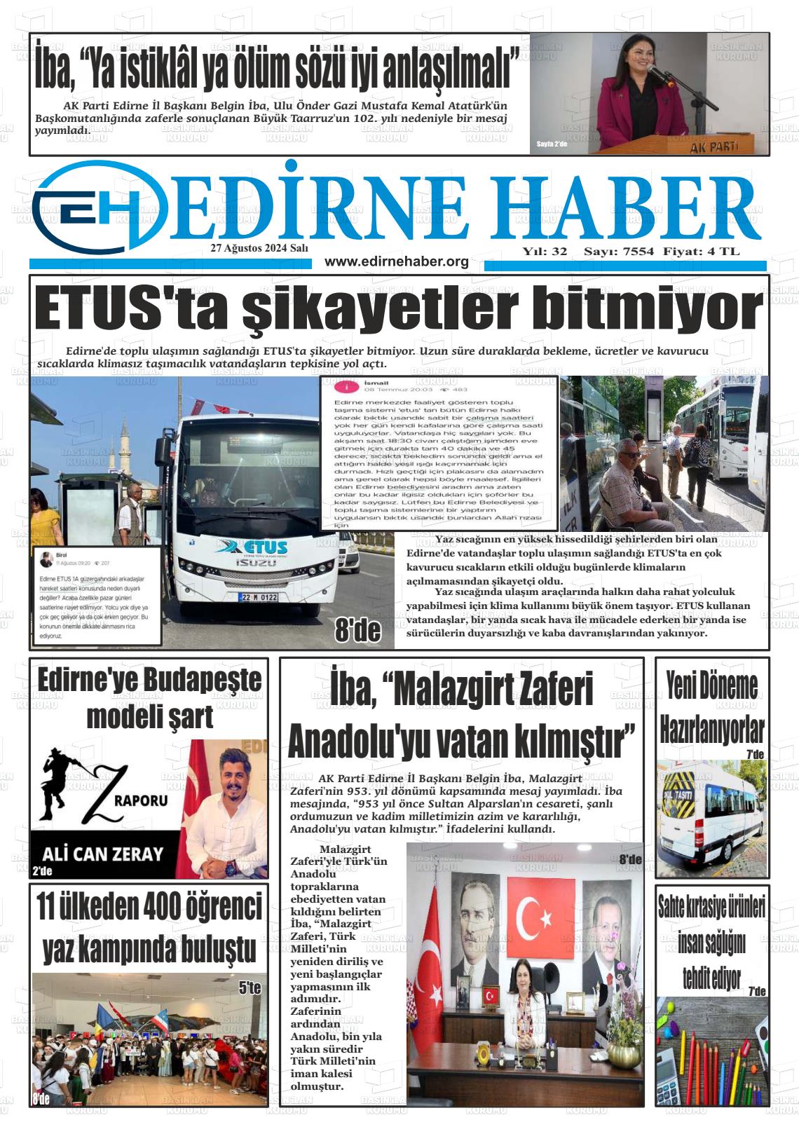 27 Ağustos 2024 edirne haber Gazete Manşeti