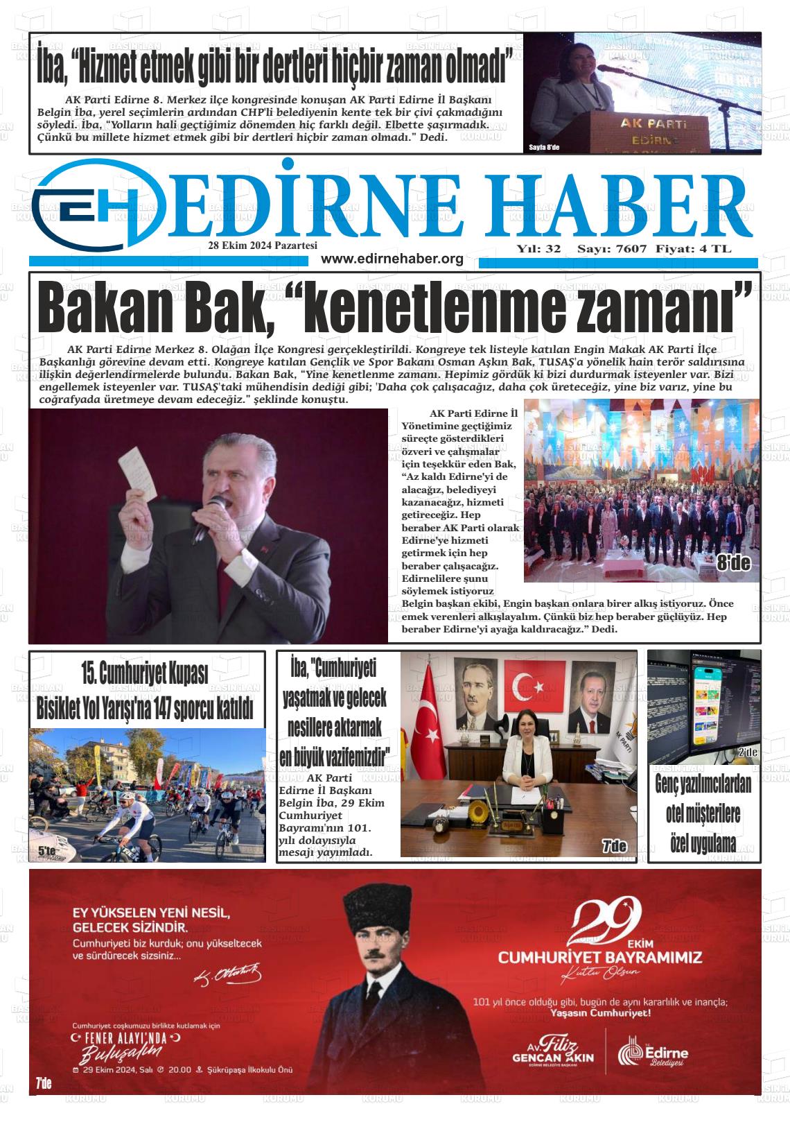 28 Ekim 2024 edirne haber Gazete Manşeti