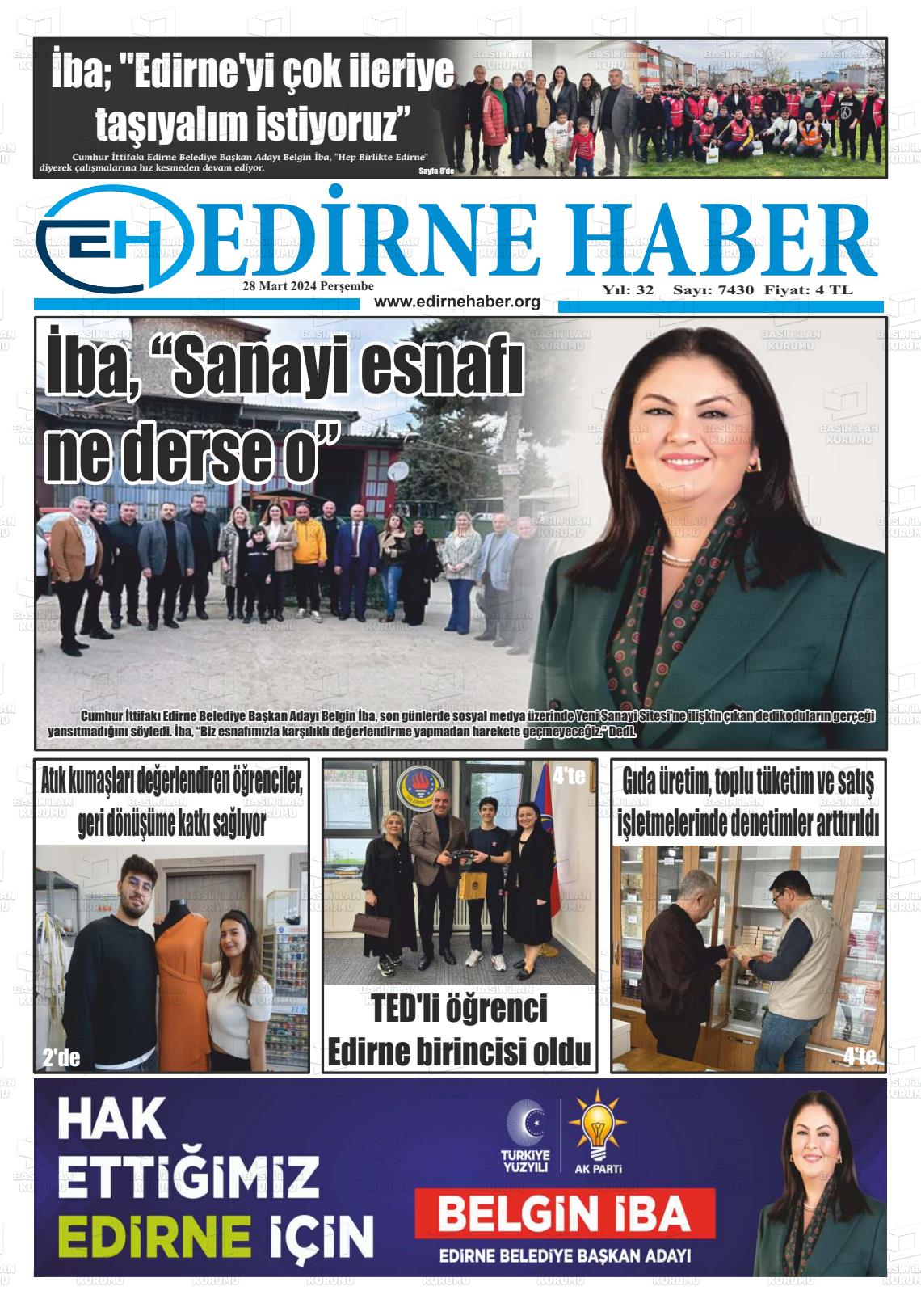 28 Mart 2024 edirne haber Gazete Manşeti