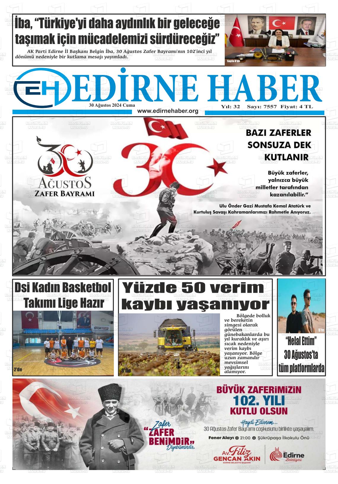 30 Ağustos 2024 edirne haber Gazete Manşeti