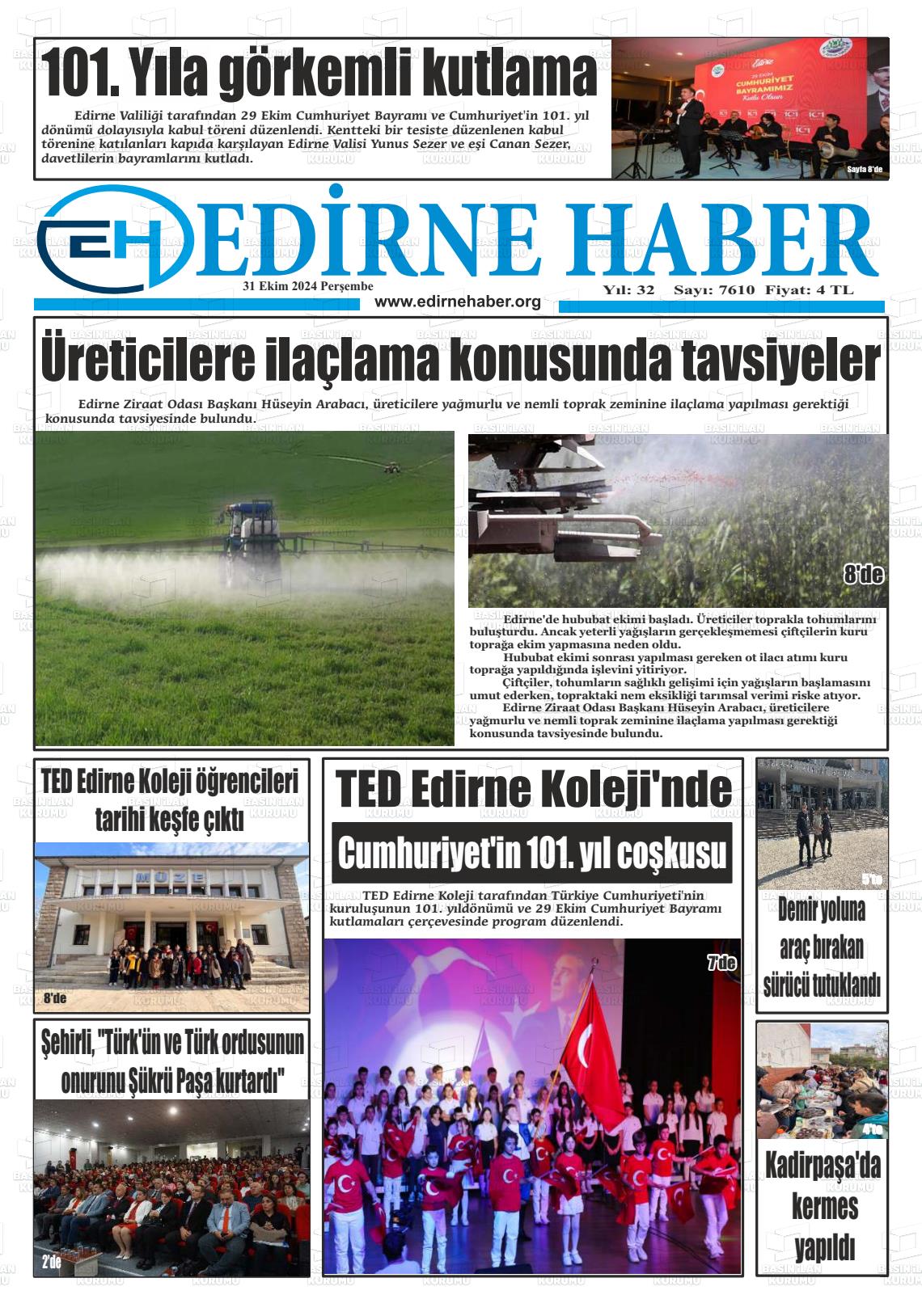 31 Ekim 2024 edirne haber Gazete Manşeti