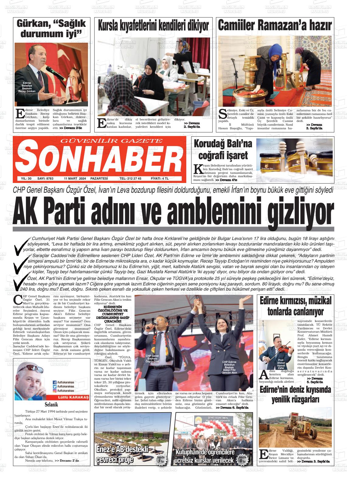 11 Mart 2024 Son Haber  - Edirne Son Haber Gazete Manşeti