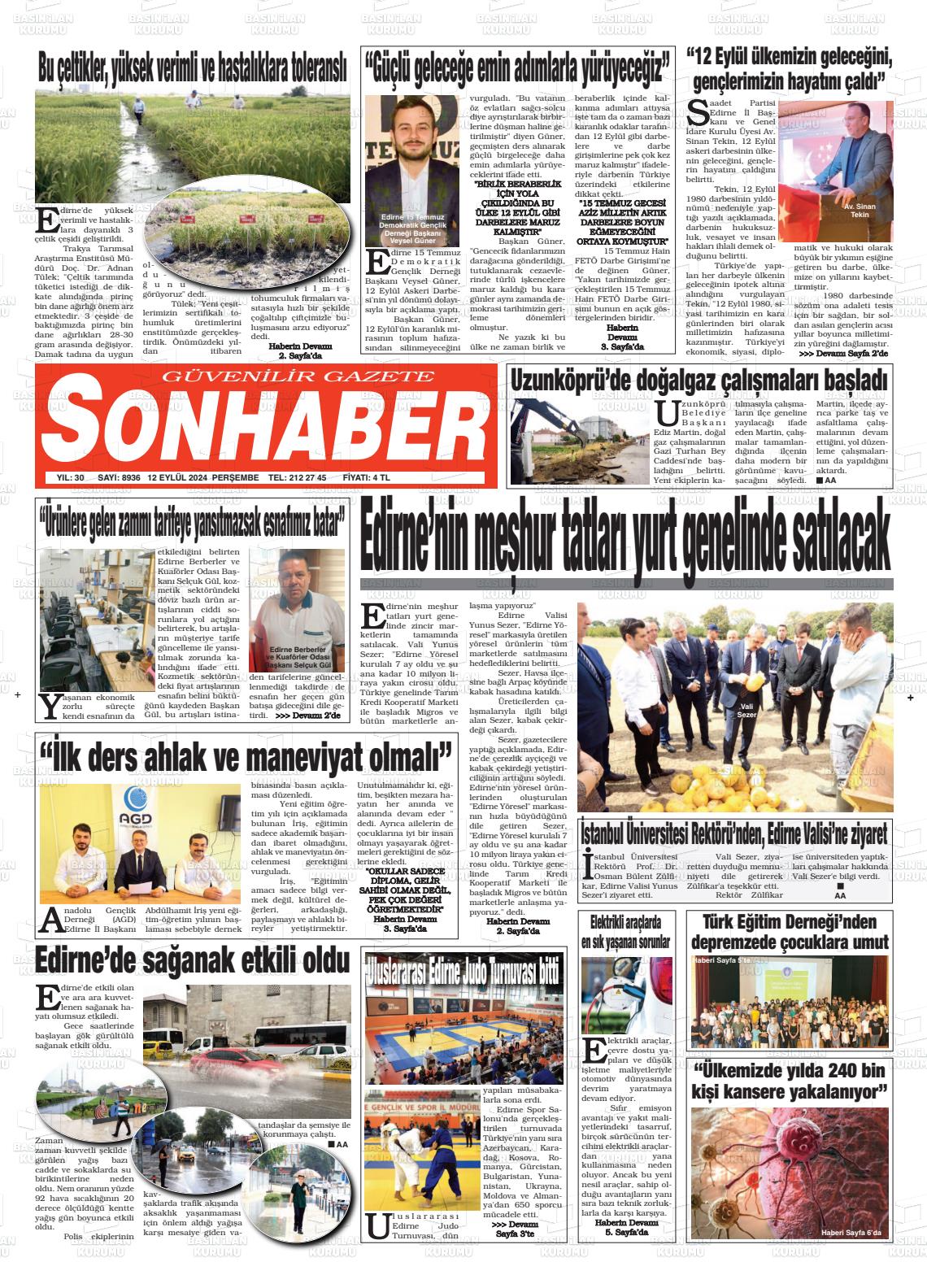 12 Eylül 2024 Son Haber  - Edirne Son Haber Gazete Manşeti