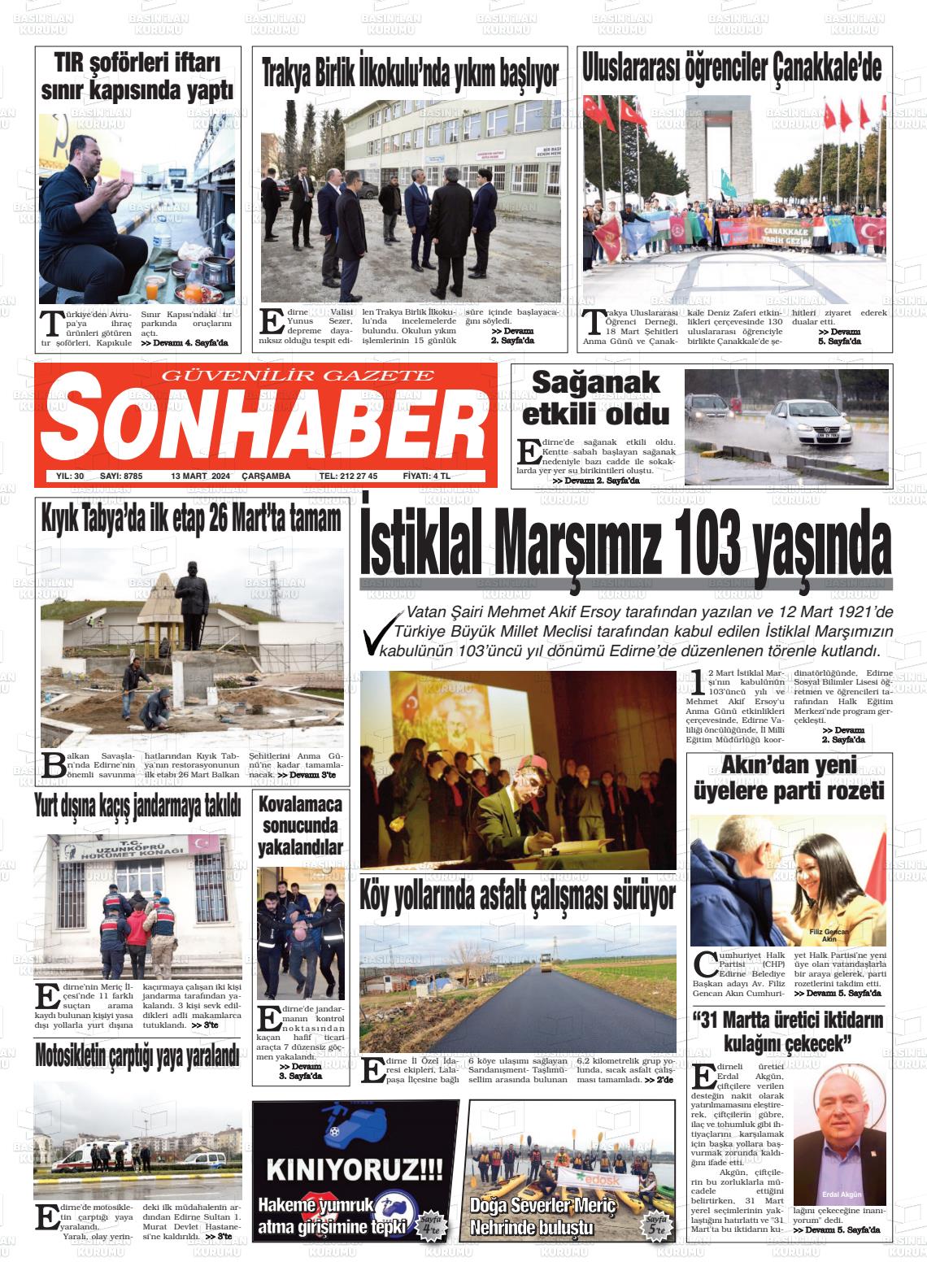 13 Mart 2024 Son Haber  - Edirne Son Haber Gazete Manşeti