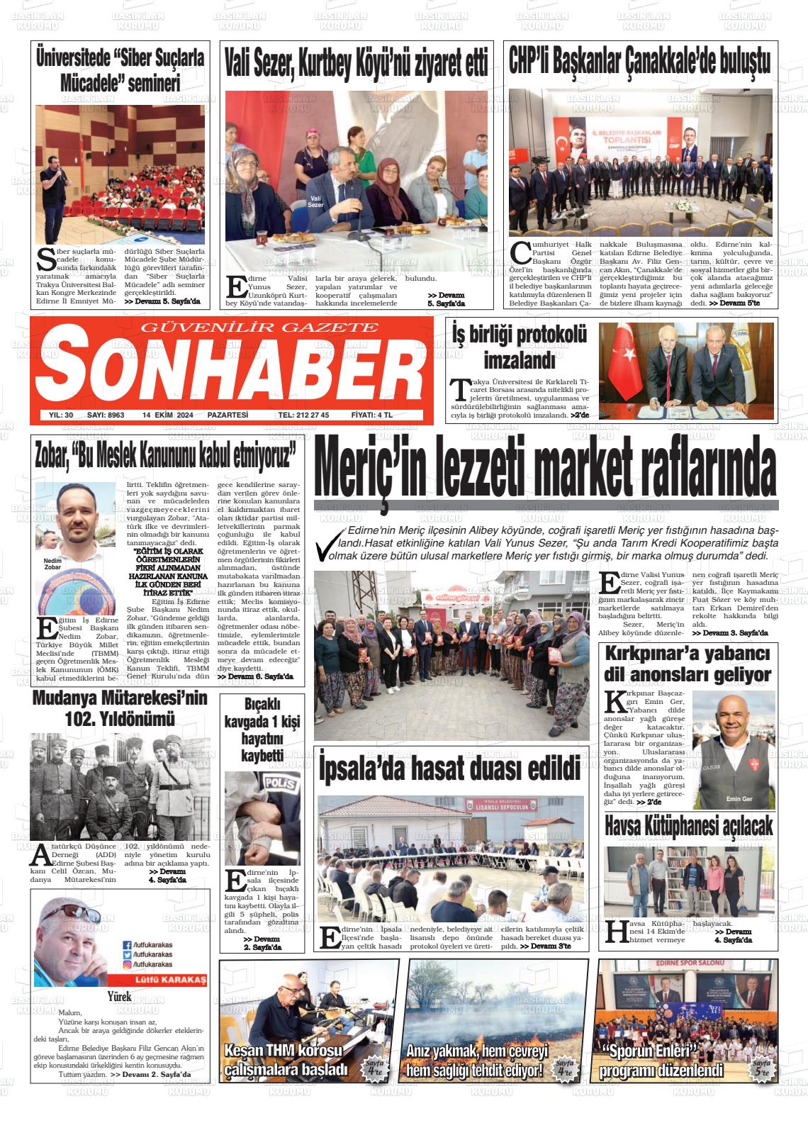 14 Ekim 2024 Son Haber  - Edirne Son Haber Gazete Manşeti