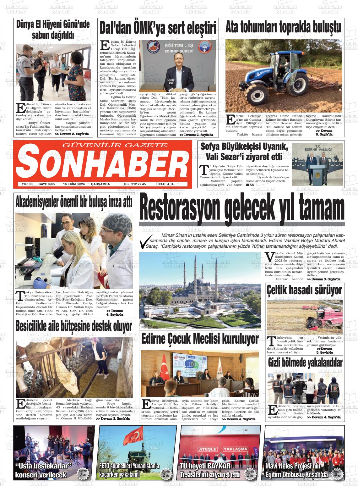 16 Ekim 2024 Son Haber  - Edirne Son Haber Gazete Manşeti