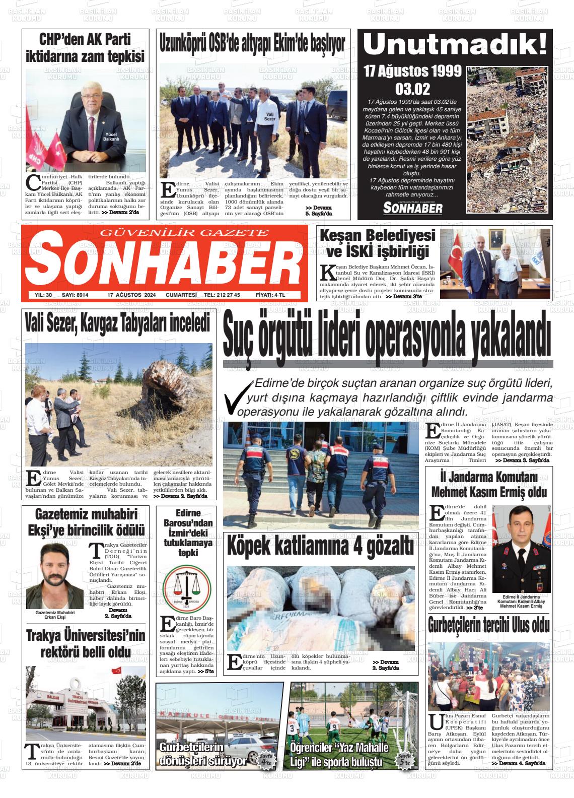 17 Ağustos 2024 Son Haber  - Edirne Son Haber Gazete Manşeti