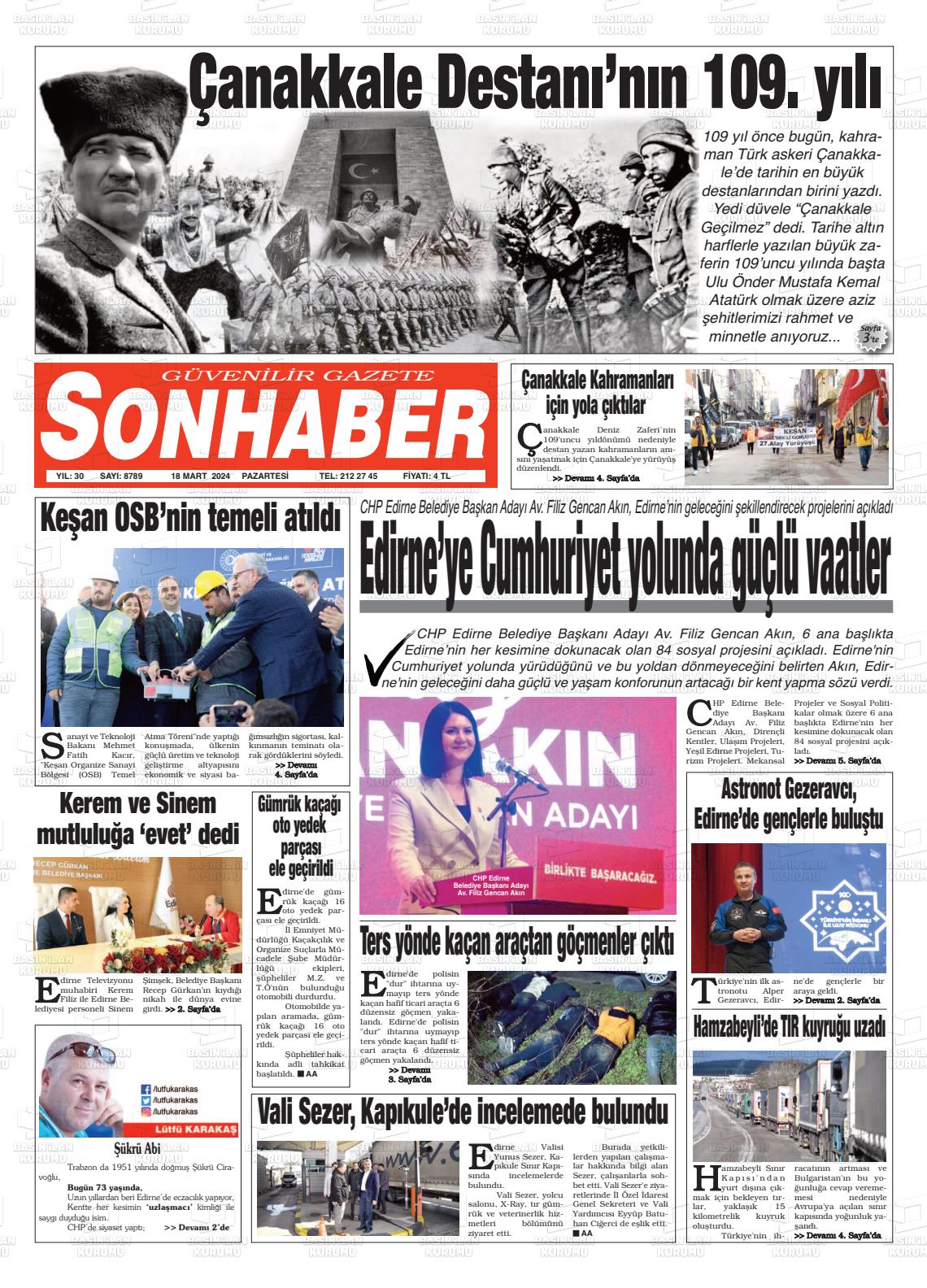 18 Mart 2024 Son Haber  - Edirne Son Haber Gazete Manşeti