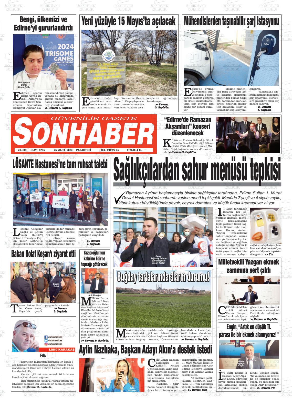 25 Mart 2024 Son Haber  - Edirne Son Haber Gazete Manşeti