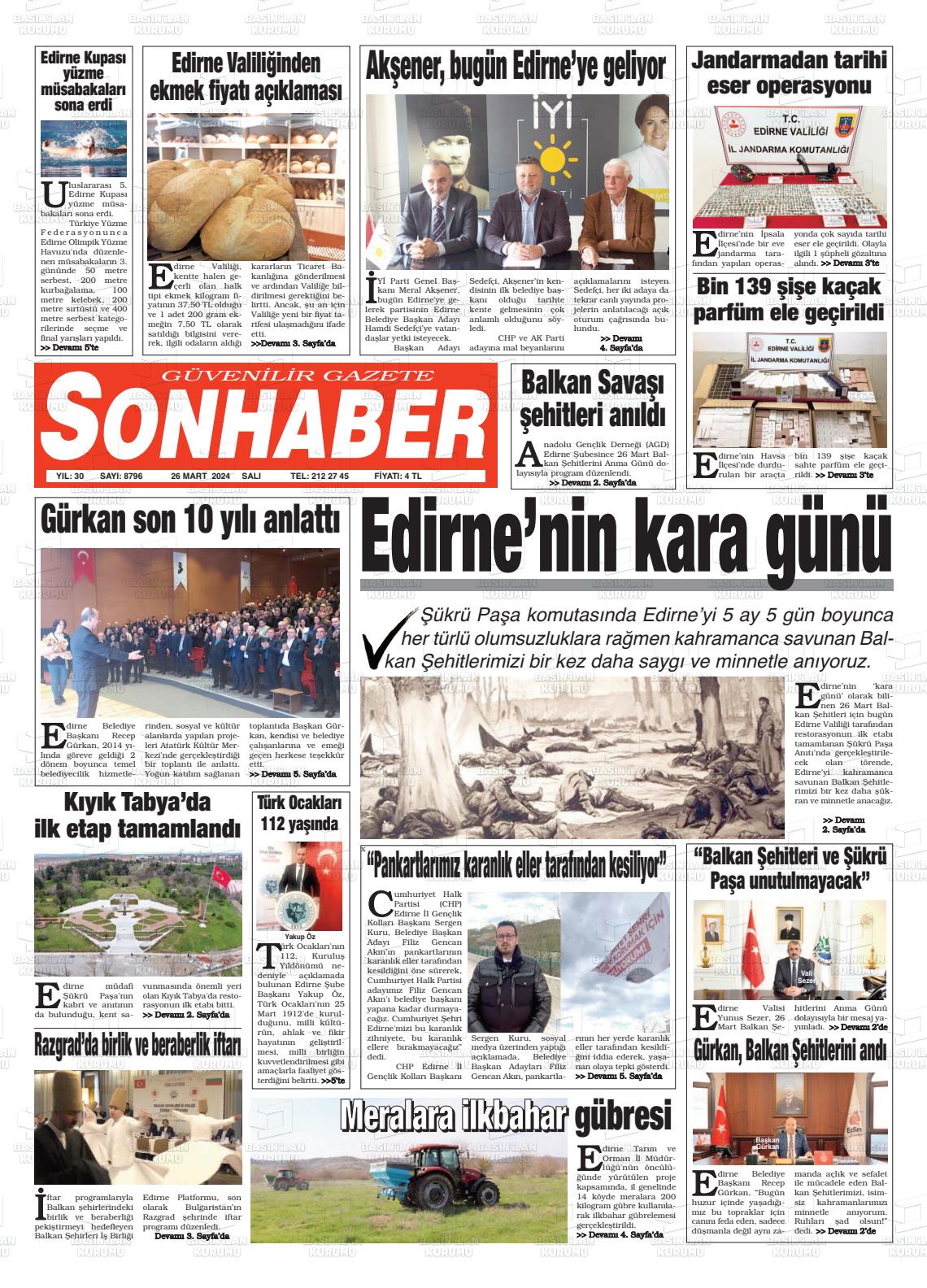 26 Mart 2024 Son Haber  - Edirne Son Haber Gazete Manşeti