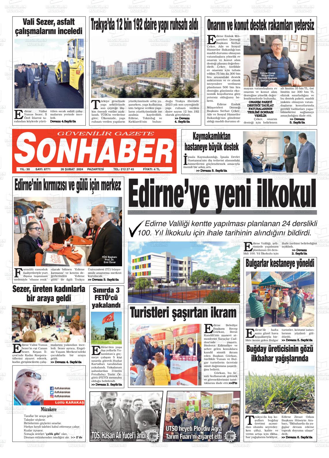 26 Şubat 2024 Son Haber  - Edirne Son Haber Gazete Manşeti